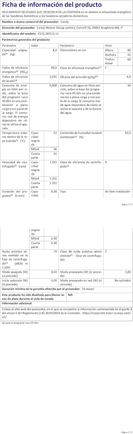 Candy Smart CSTG 28TE/1-11 Machine à laver à charge par le haut, 8 kg, 1200 tours, 17 programmes, connectivité NFC, 41 x 60 x 86 cm, classe F, blanc