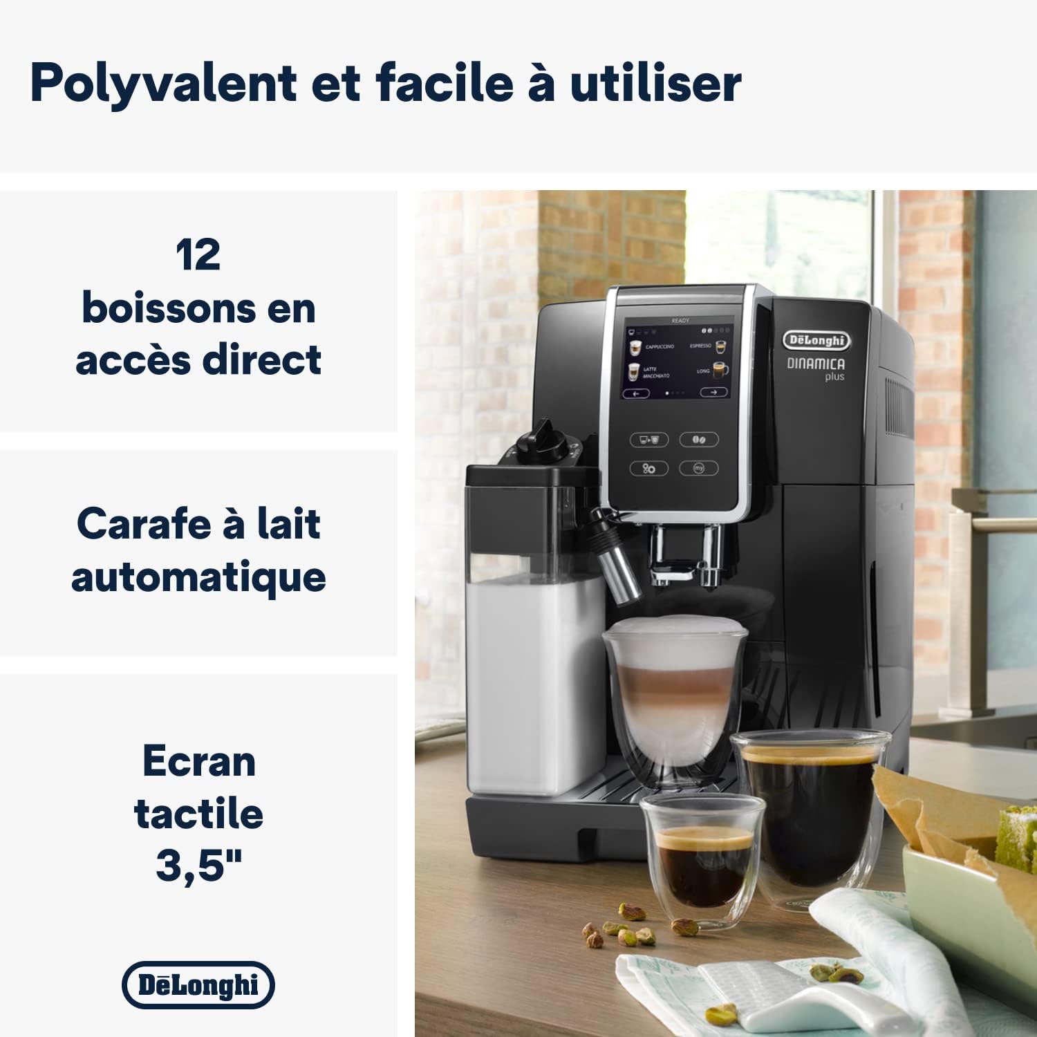 De'Longhi Dinamica Plus ECAM 370.70.B, Machine Expresso avec Broyeur, Système LatteCrema, Technologie Smart One Touch, Ecran Tactile Complet, Fonction My, 1.8l, Noir