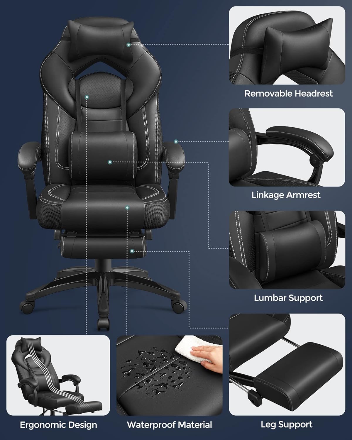 SONGMICS Fauteuil Gamer Ergonomique, Chaise Gaming, Fauteuil de Bureau, avec Repose-Pieds télescopique, Appui-tête réglable, Support Lombaire, capacité de Charge 150 kg, Gris et Noir OBG77BG