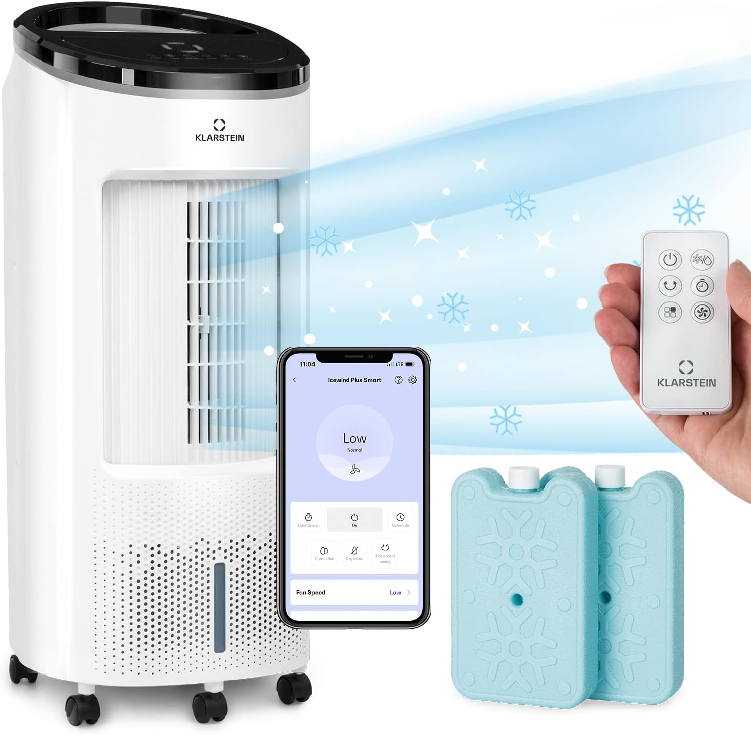 Klarstein Rafraichisseur d'Air 4 en 1, Climatiseur Portable Smart APP Mobile, Humidificateur, Ventilateur, Sans Évacuation 65W, Pack Glacons, Mode Nuit, Puissant Débit d'Air 330m³/h