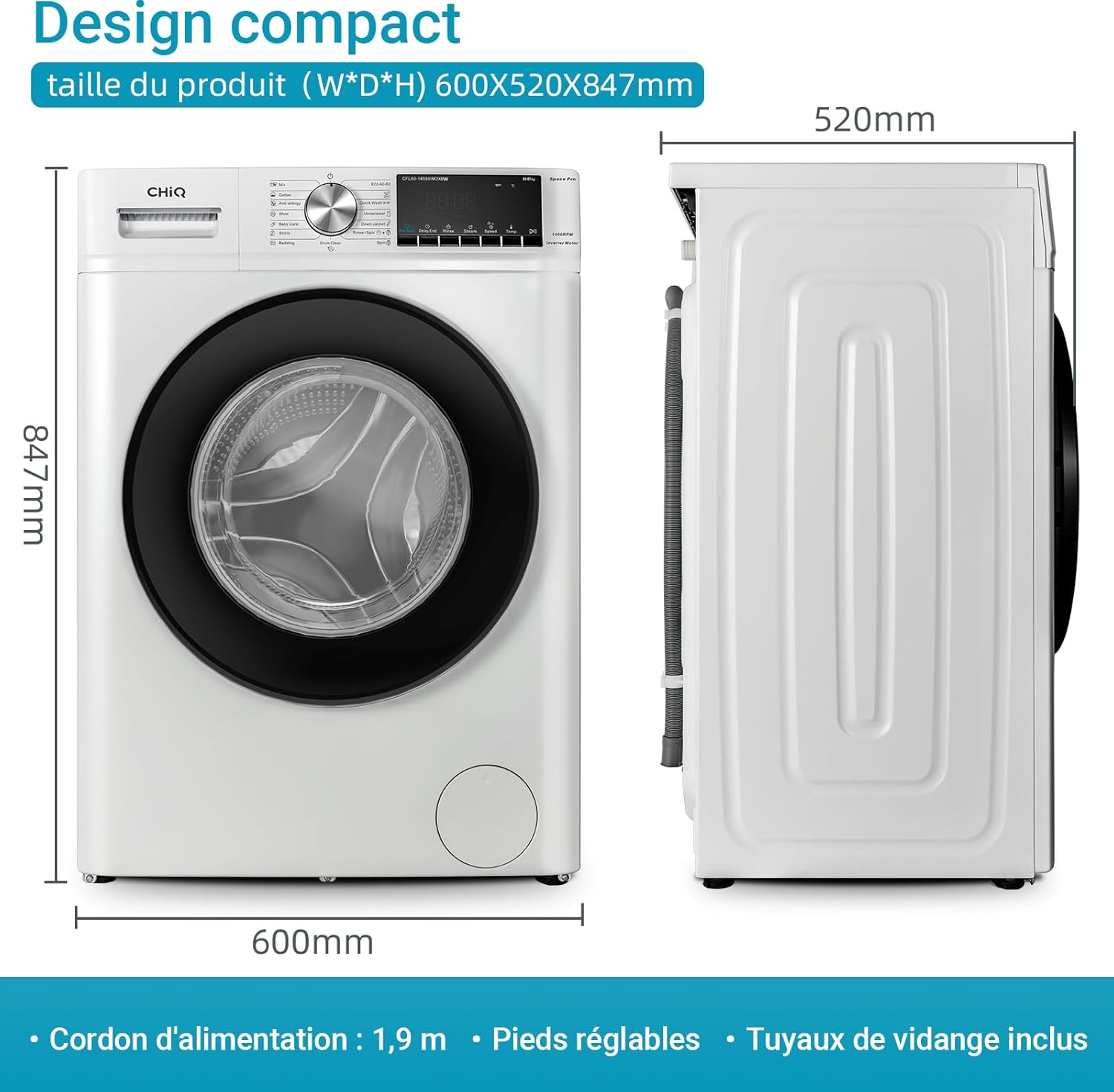 CHiQ Lave-linge à chargement frontal 10kg CFL100-14586IM3XWA,Space Pro,Moteur Inverter stable,1400 tr/min, Programme intelligent à IA,Fonction vapeur,Lavage rapide 15 minutes,15 cycles lavage,Blanc
