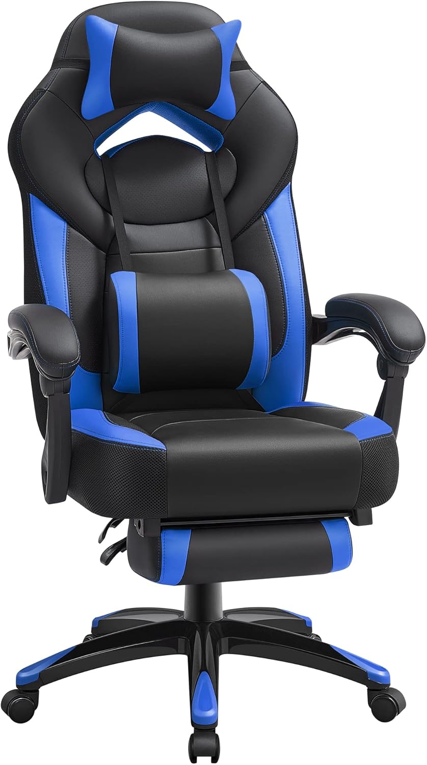 SONGMICS Fauteuil Gamer Ergonomique, Chaise Gaming, Fauteuil de Bureau, avec Repose-Pieds télescopique, Appui-tête réglable, Support Lombaire, capacité de Charge 150 kg, Gris et Noir OBG77BG