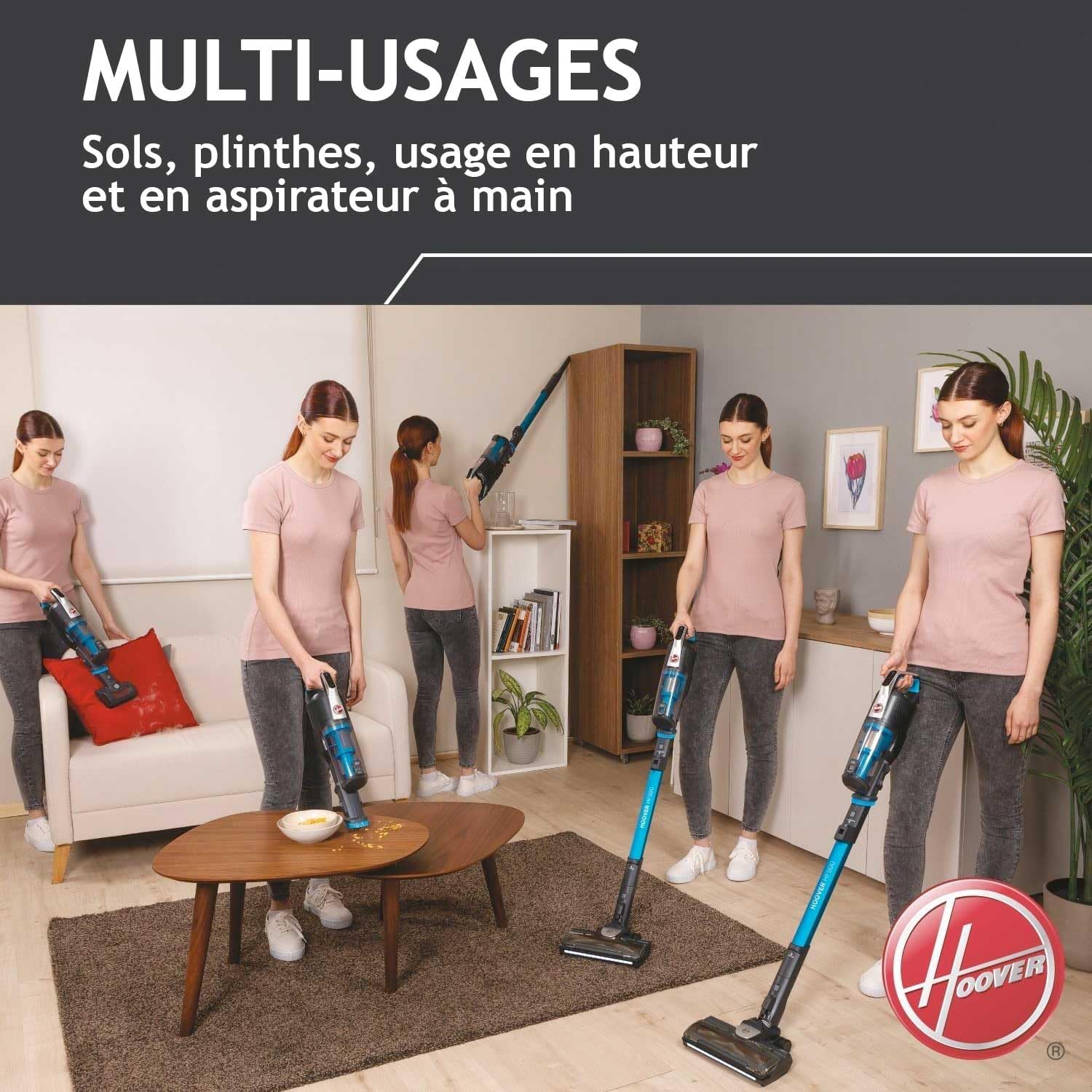 Hoover HF522STP Aspirateur Balai sans Fil Puissant, Grande Autonomie, Rangement Compact, Electrobrosse Anti-emmêlement LED, Turbobrosse Spéciale Animaux, Charge Rapide,Position Park&Go, Bleu Skyfall