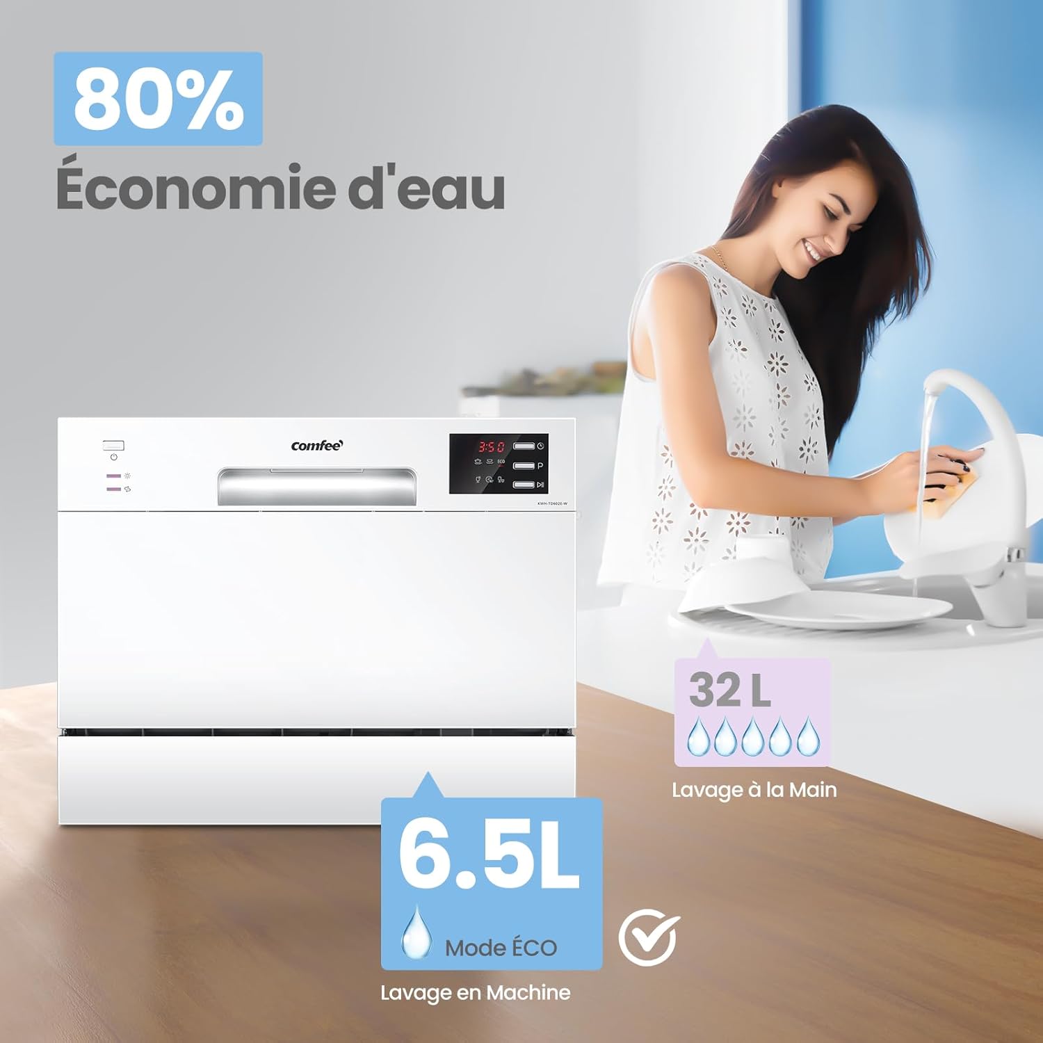 COMFEE' CDWPF1201PS Lave-vaisselle Pose Libre, 60 cm, 12 couverts, départ différé, fonction demi-charge, paniers flexibles - Acier Inoxydable, 49 dB, Commande Bouton