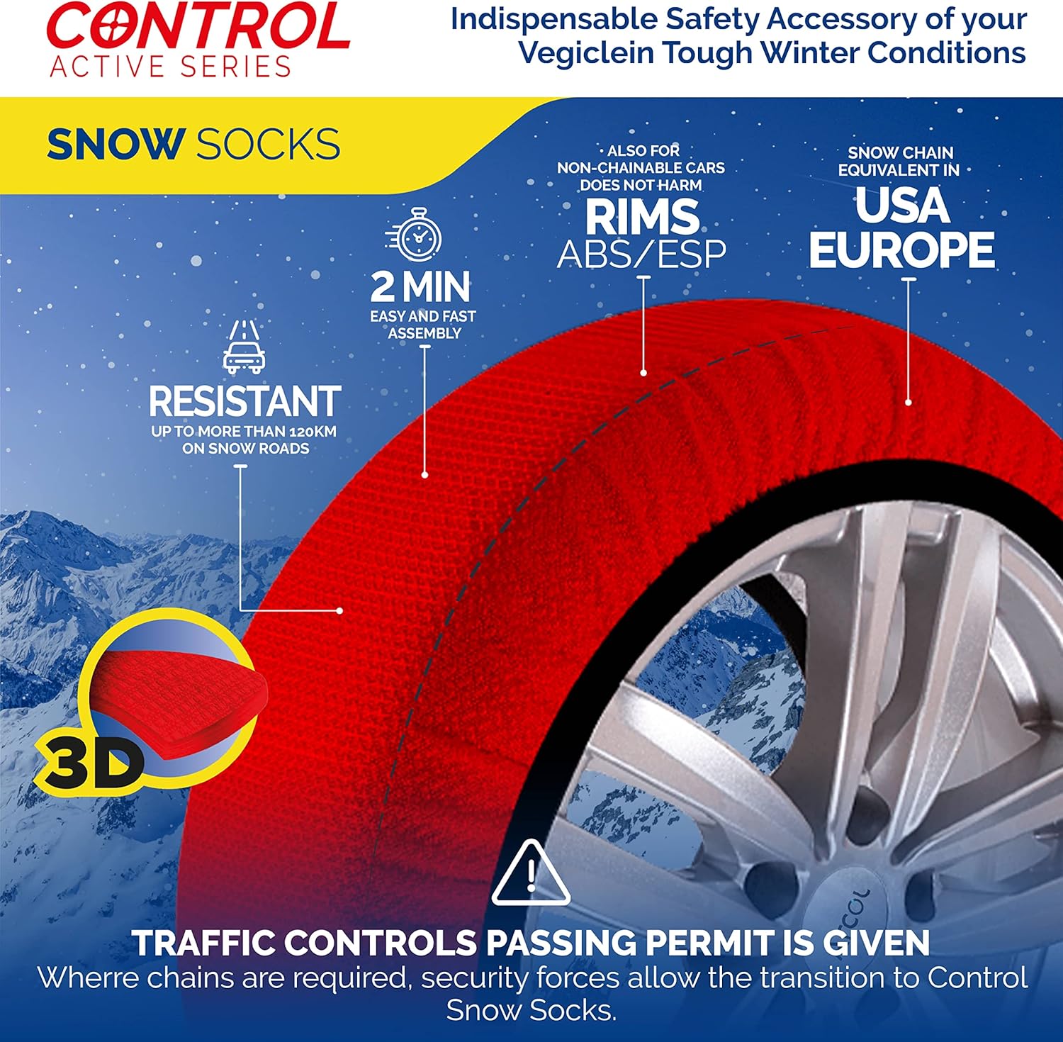 Chaussettes à Neige Textile Homologué EN 16662-1 - DEUX Chaussette Neige Pour Auto. Snow Sock Taille L Pour R14-R20 (Les Misures Pour les Pneus Sont Détaillèes à L'intérieur) (Control, L)