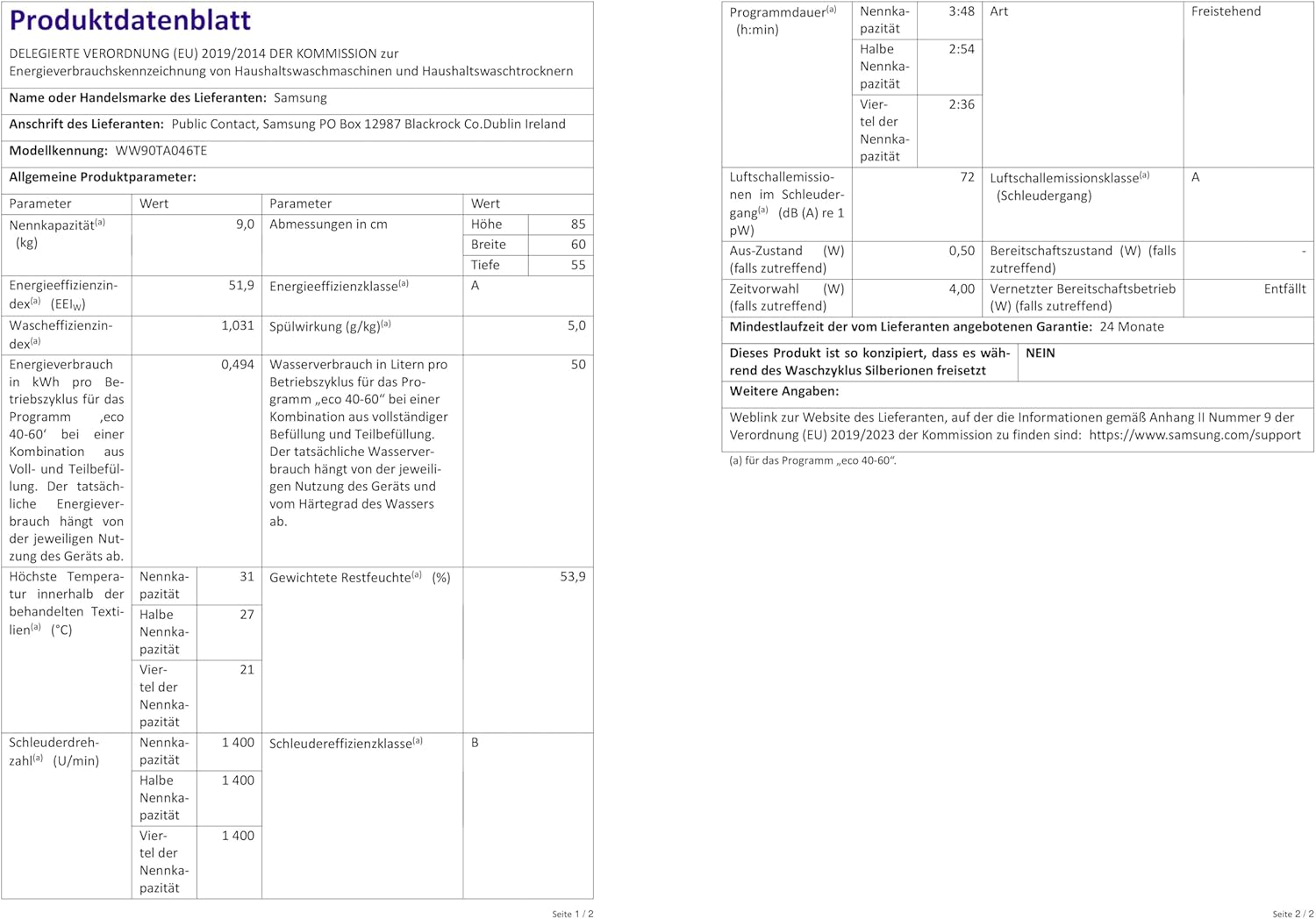 Machine à laver Samsung WW90T936DSH 9 kg