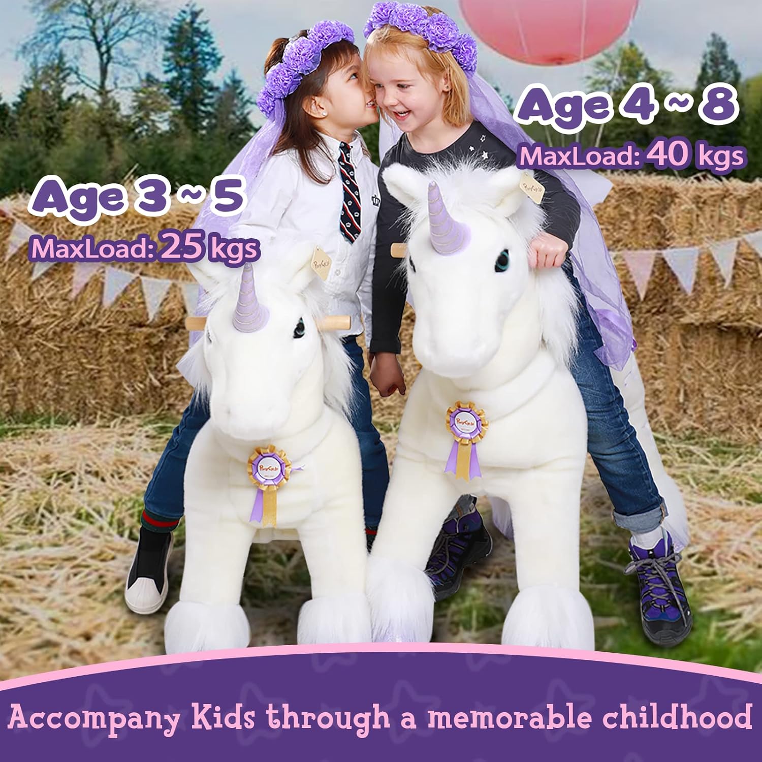 PonyCycle Officiel Prime Modèle K Ride sur Le Jouet Licorne Licorne Animal Marchant en Peluche avec Corne Violette Taille 4 pour Âge 4-8 Ans Taille Moyenne K41