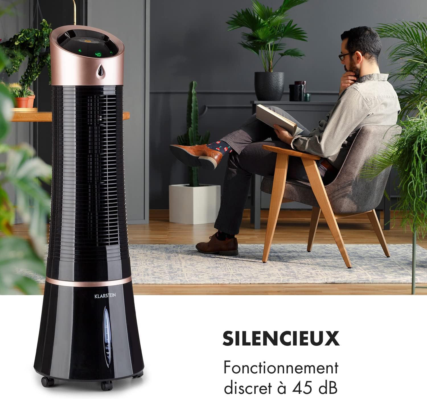 Klarstein Rafraichisseur d'Air Mobile 5 en 1, par Evaporation avec Humidificateur, Ventilateur, Ioniseur, Climatiseur Mobile Sans Évacuation, Mode Nuit, 45W, Débit d'Air de 180m³/h