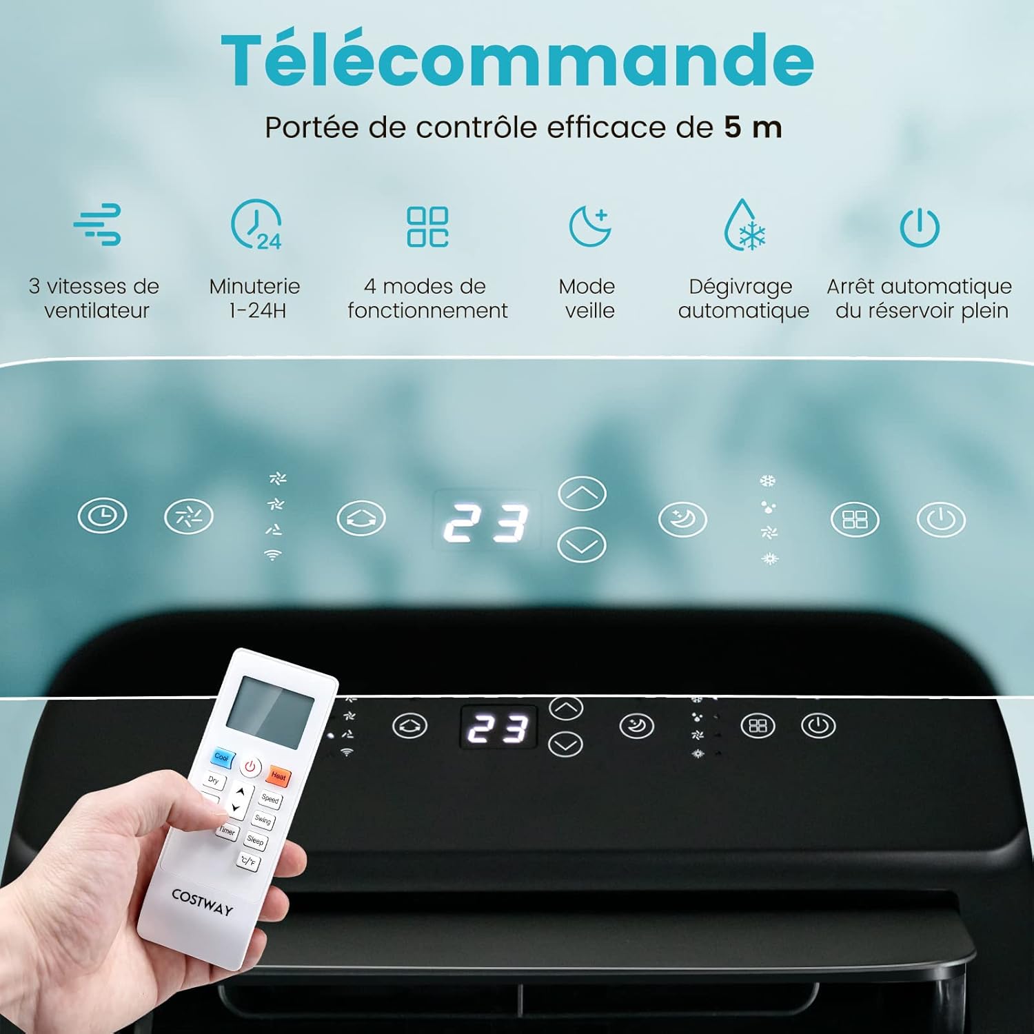 COSTWAY Climatiseur Mobile Silencieux 16000BTU, 5 EN 1,Refroidissement,Chauffage,Ventilateur,Déshumidificateur,Mode Nuit,Climatisation Rapide,Clim Mobile