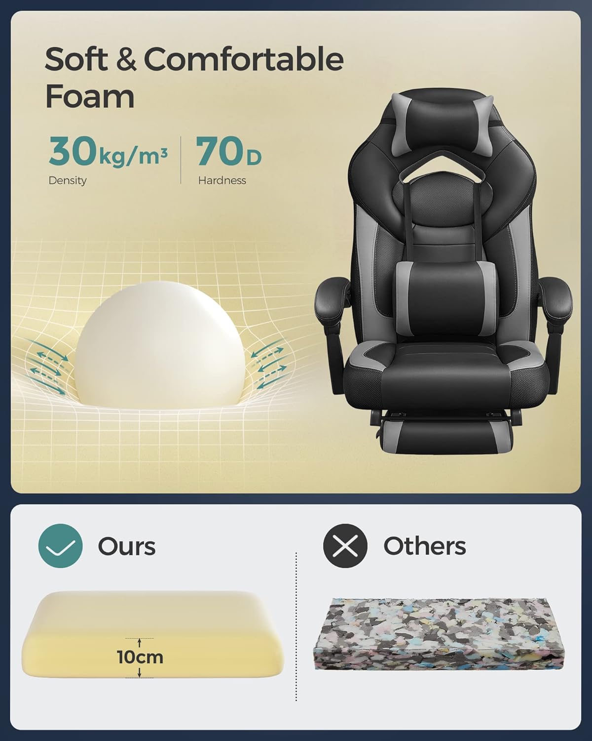 SONGMICS Fauteuil Gamer Ergonomique, Chaise Gaming, Fauteuil de Bureau, avec Repose-Pieds télescopique, Appui-tête réglable, Support Lombaire, capacité de Charge 150 kg, Gris et Noir OBG77BG