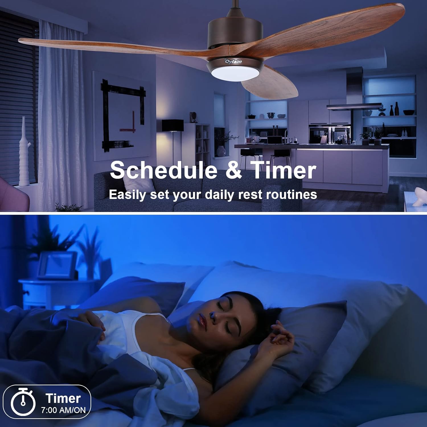 Ovlaim 132cm intérieur extérieur 3 pales hélice Smart ventilateur de plafond, Ventilateur de plafond en bois massif à moteur DC silencieux avect