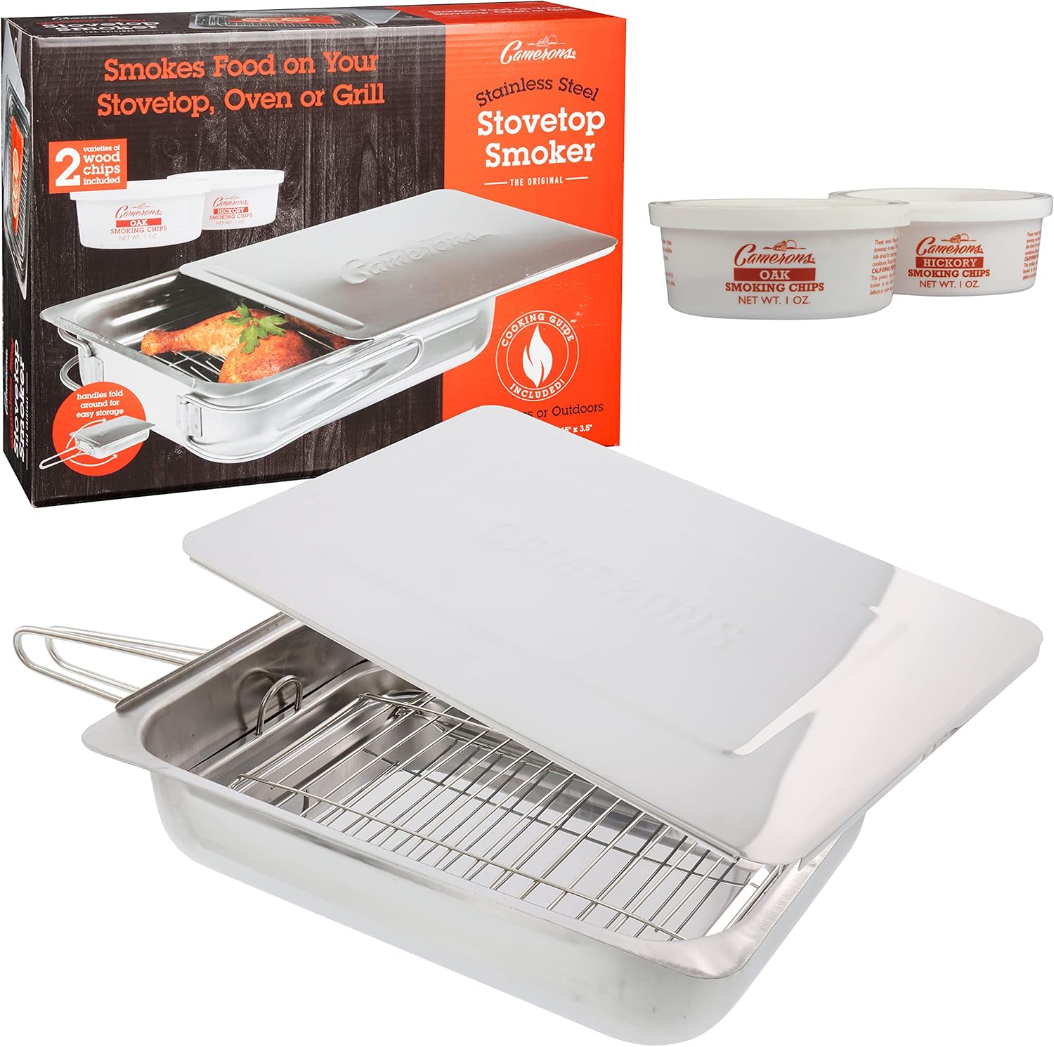 Camerons Fumoir pour cuisinière – Le fumoir Original en Acier Inoxydable avec 3 pintes de copeaux de Bois, CAM_SMKW3PTS_C31-CA