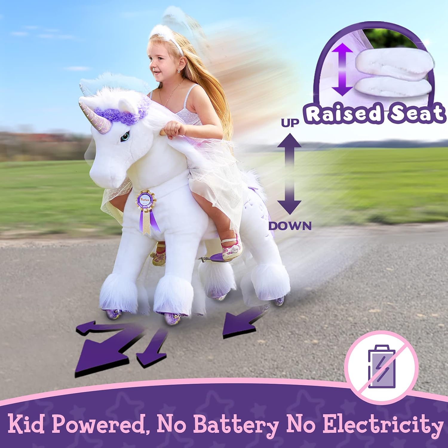 PonyCycle Officiel Prime Modèle K Ride sur Le Jouet Licorne Licorne Animal Marchant en Peluche avec Corne Violette Taille 4 pour Âge 4-8 Ans Taille Moyenne K41