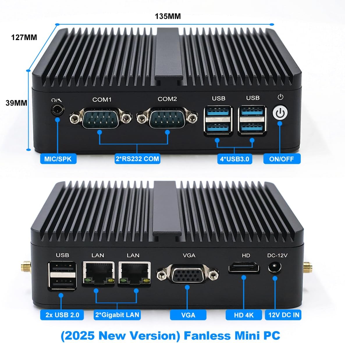 WEIDIAN Mini PC sans Ventilateur Celeron J4125, 8Go RAM DDR4 256Go SSD, Mini PC Fanless PC Industriel, Dual LAN, BT, Ordinateur Industriel avec HD/VGA, Win 11 Pro Mini PC de Bureau 2*RS232