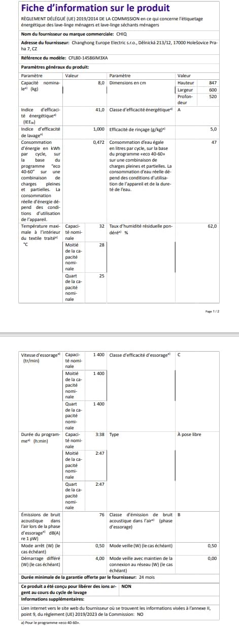 CHiQ Lave-linge CFL80-14586IM3XA, Chargement frontal 8 kg,Space Pro,Moteur Inverter stable, 1400 tr/min, Programme intelligent à IA, Fonction vapeur, Lavage rapide 15 minutes, 15 cycles lavage, Gris