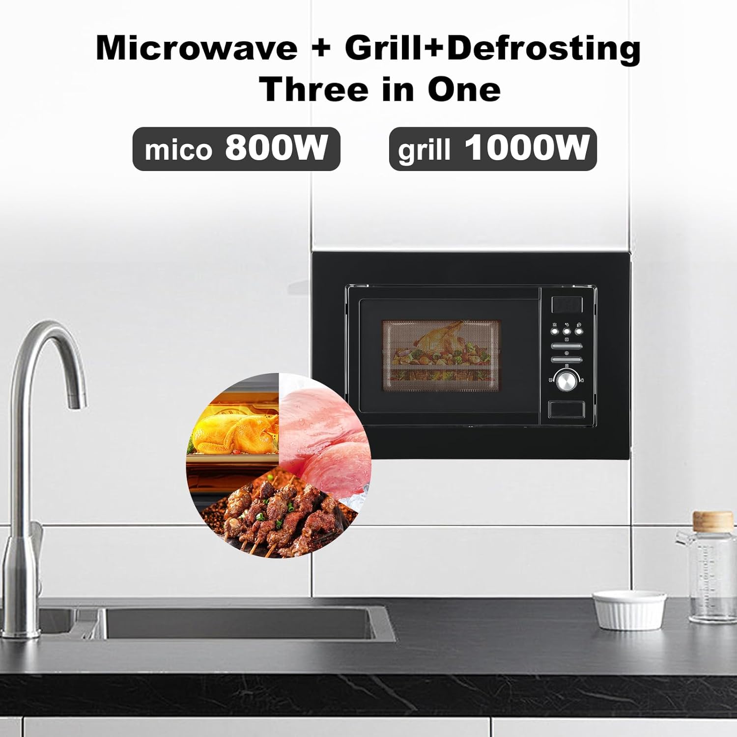 Smad Four à Micro-ondes Encastrable 20L, Micro Ondes Combiné, 8 Niveaux de Puissance en Micro-Ondes 800W et Gril 1000W, Décongélation Intelligente, 8 Menus Automatiques, Minuterie jusqu'à 95min, Noir