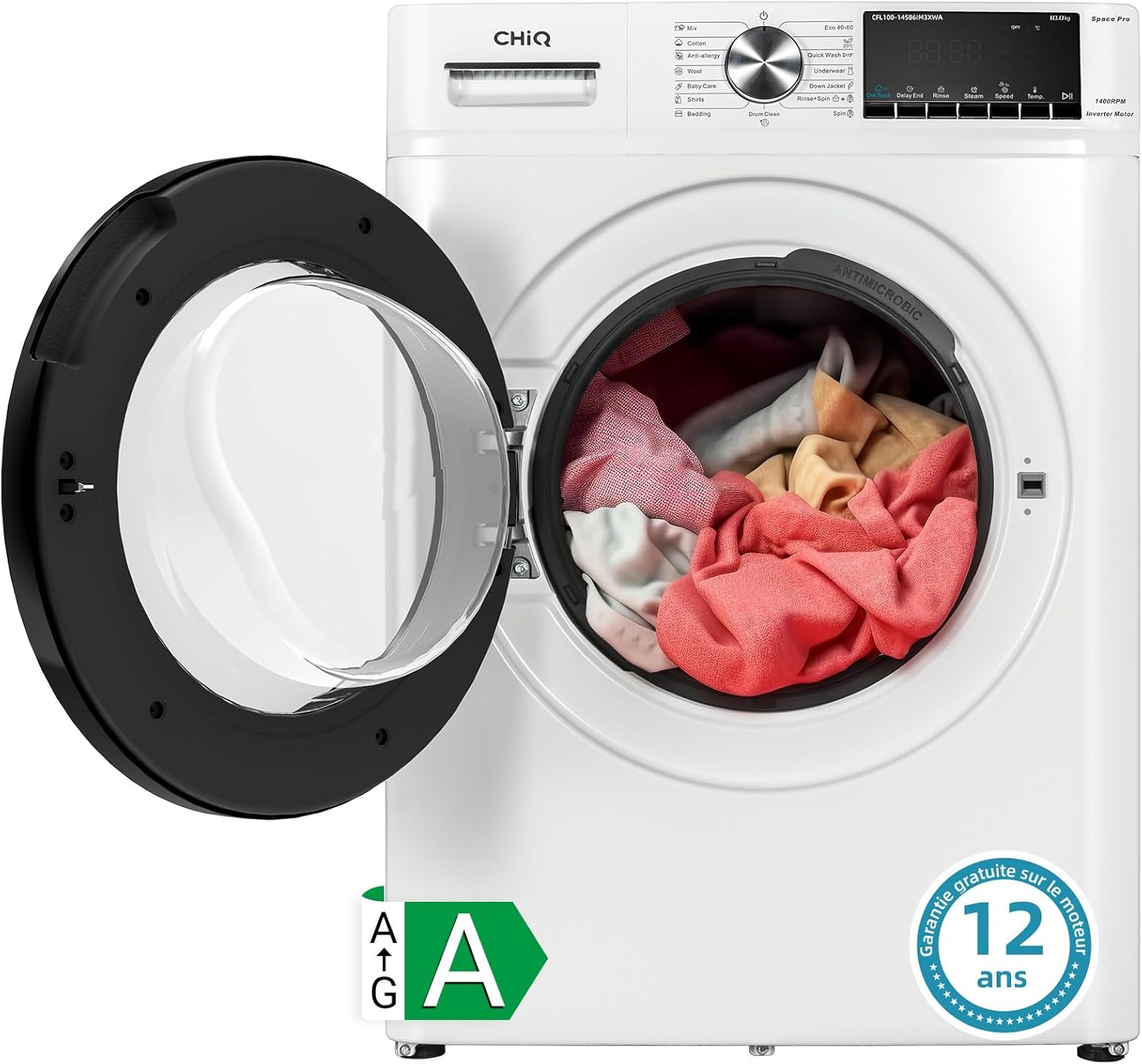 CHiQ Lave-linge à chargement frontal 10kg CFL100-14586IM3XWA,Space Pro,Moteur Inverter stable,1400 tr/min, Programme intelligent à IA,Fonction vapeur,Lavage rapide 15 minutes,15 cycles lavage,Blanc