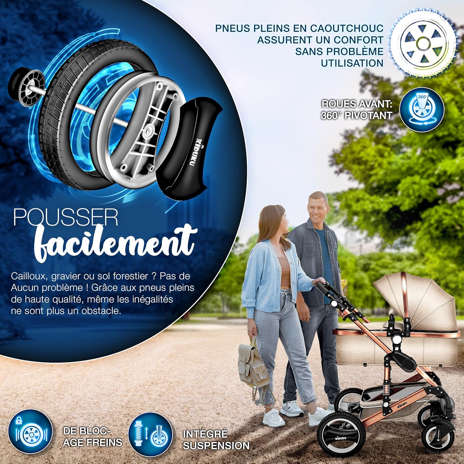 KIDUKU® Poussette Combinée 3 en 1 | Trio pour Enfants | Siége Auto Légère, Piable | Nacelle Souple Convertible | Set de Voyage (Noir/Champagne)