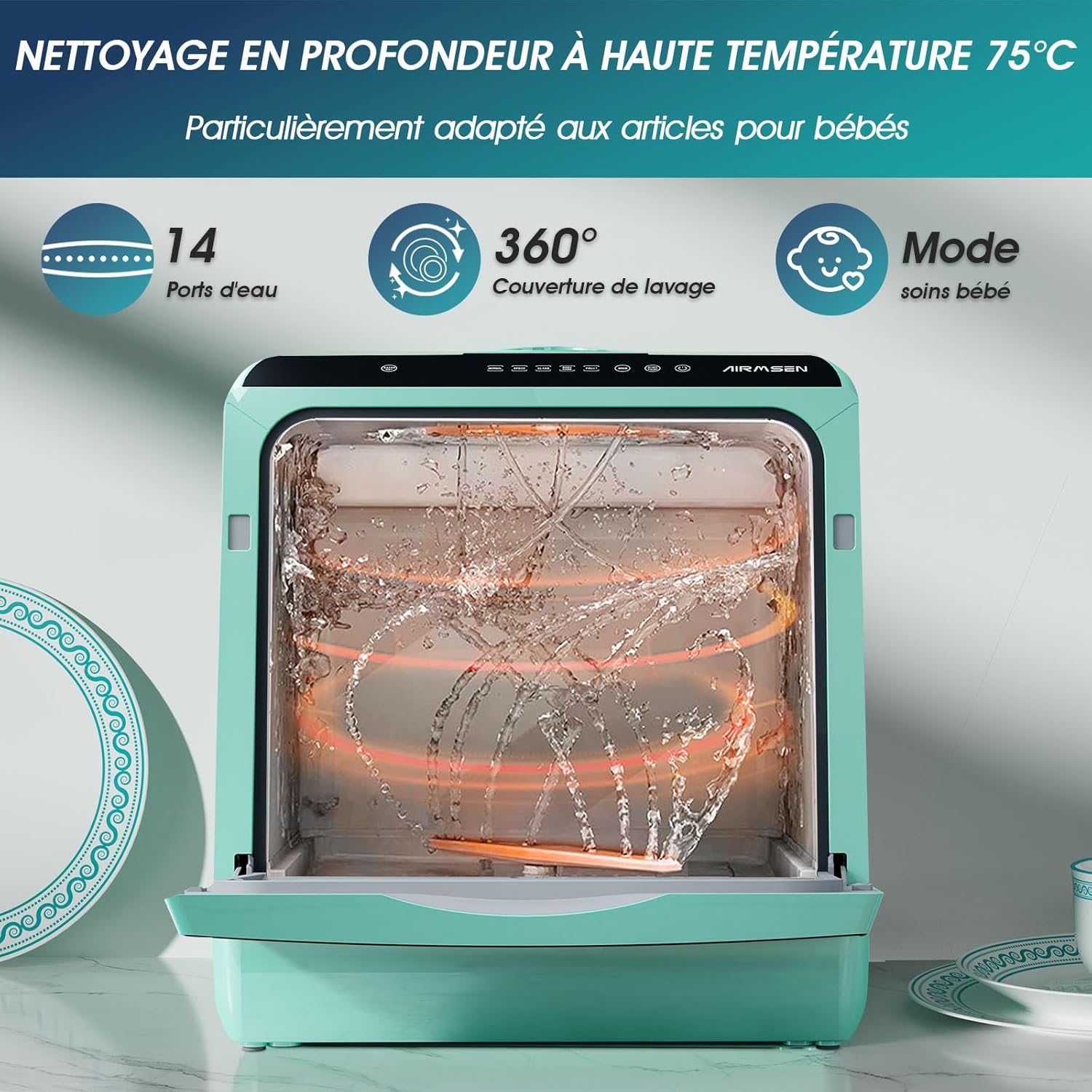 AIRMSEN Mini Lave-Vaisselle de Comptoir, 5+1 Programmes, Réservoir d'Eau de 5L, Contrôle Tactile et Écran LED, Adapté pour les Cuisines Familiales, Appartements et Dortoirs, Blanc et noir