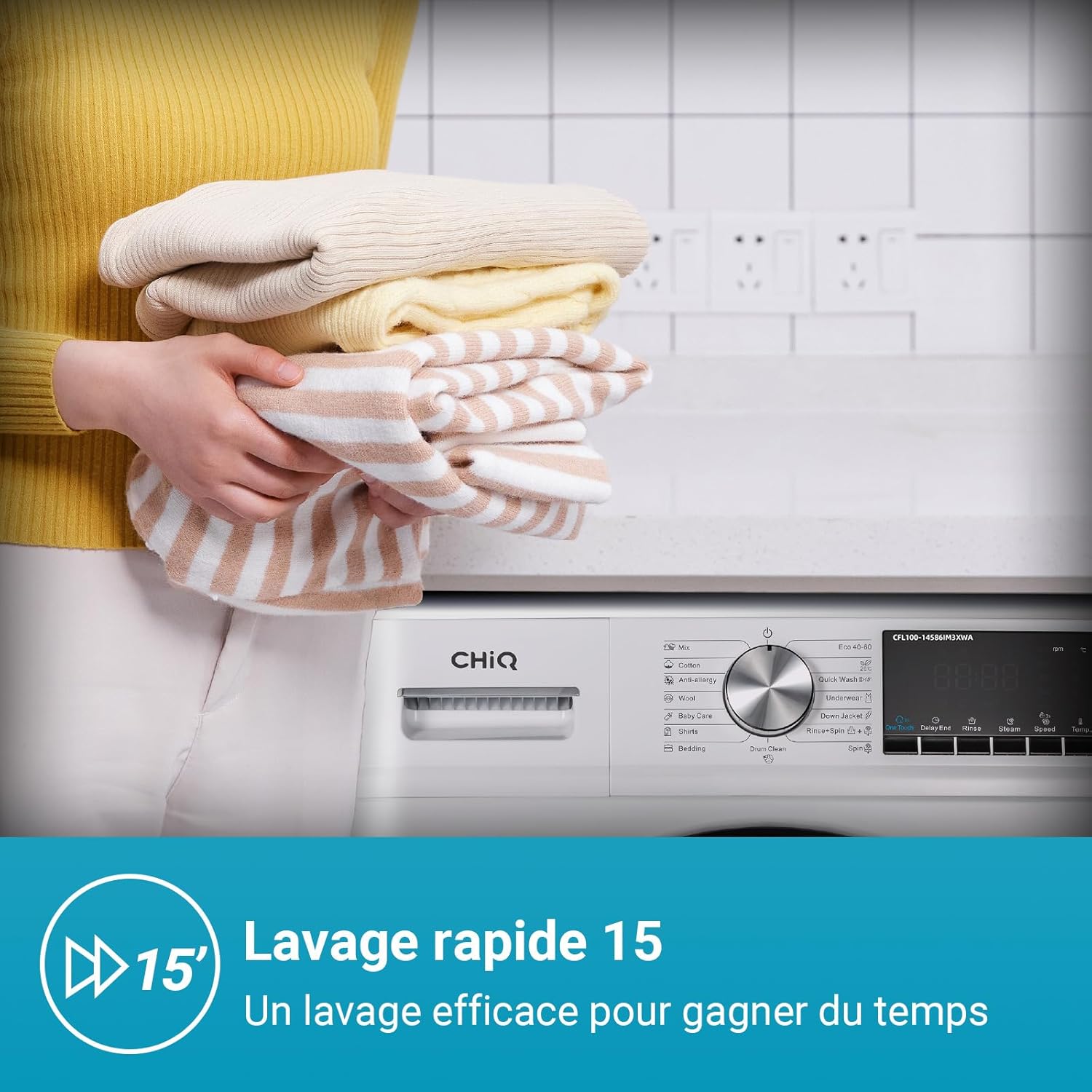 CHiQ Lave-linge à chargement frontal 10kg CFL100-14586IM3XWA,Space Pro,Moteur Inverter stable,1400 tr/min, Programme intelligent à IA,Fonction vapeur,Lavage rapide 15 minutes,15 cycles lavage,Blanc