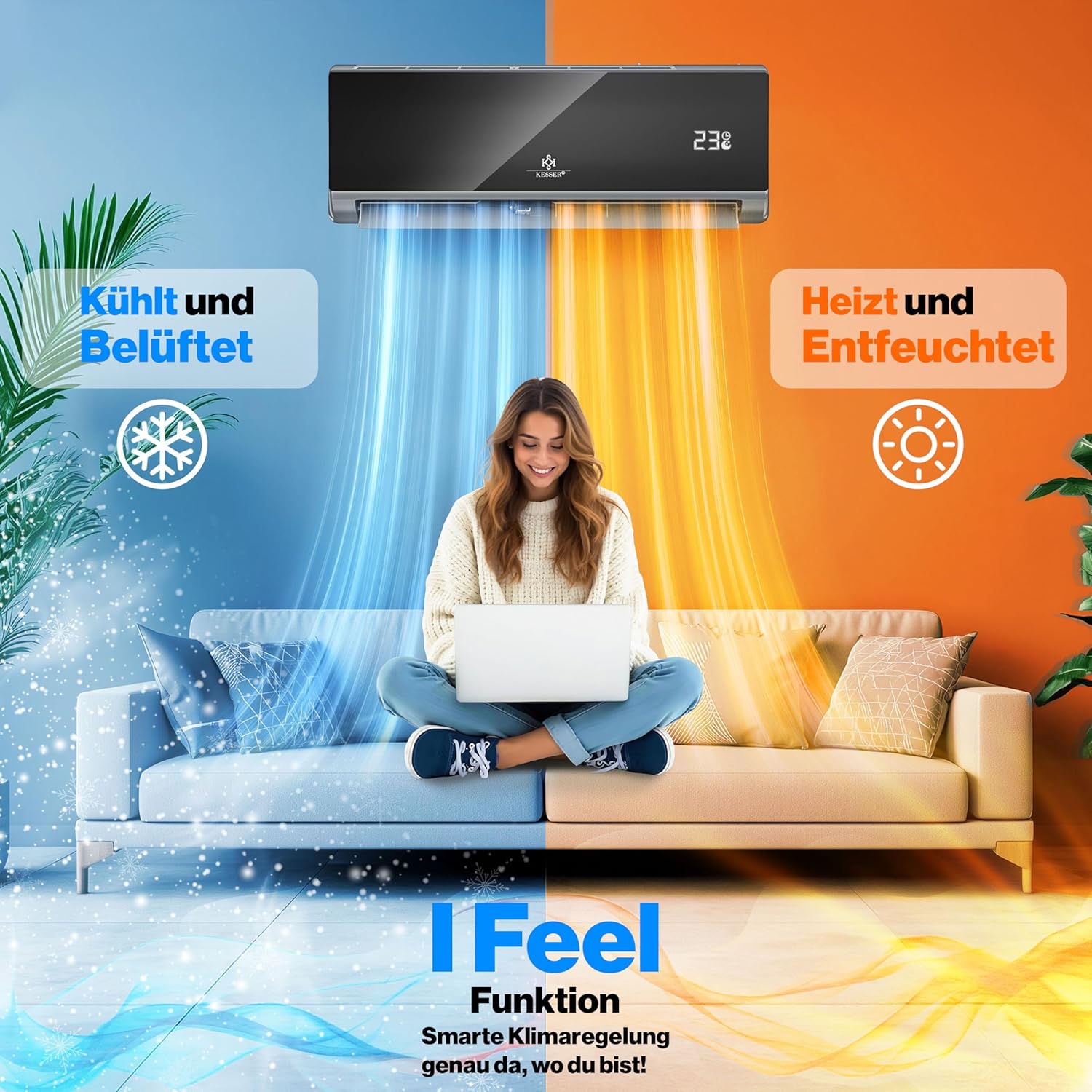 KESSER® Climatisation SET réversible - Climatiseur avec fonction WiFi/Application - Refroidissement A++/ Chauffage A+, Fluide réfrigérant R32 - Écran LCD, Split 12000 BTU/h / 3400 Watt - Anthrazit