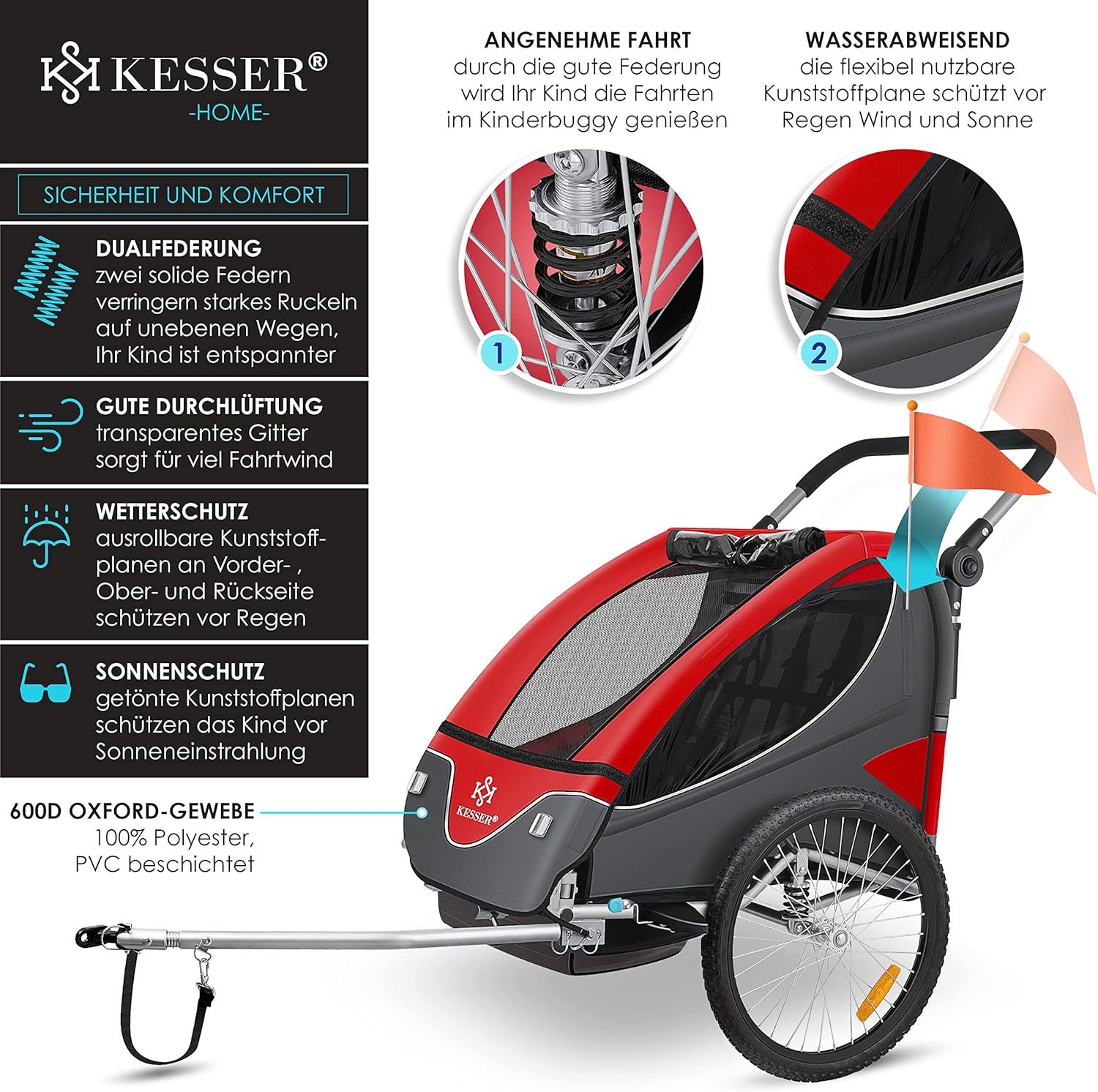 KESSER® Remorque de vélo pour enfant - Rotation à 360° - Avec suspension 2 en 1 - Fonction jogger - Remorque de vélo pour enfant - Sangle à 5 points - Pour 1 à 2 enfants - 40 kg