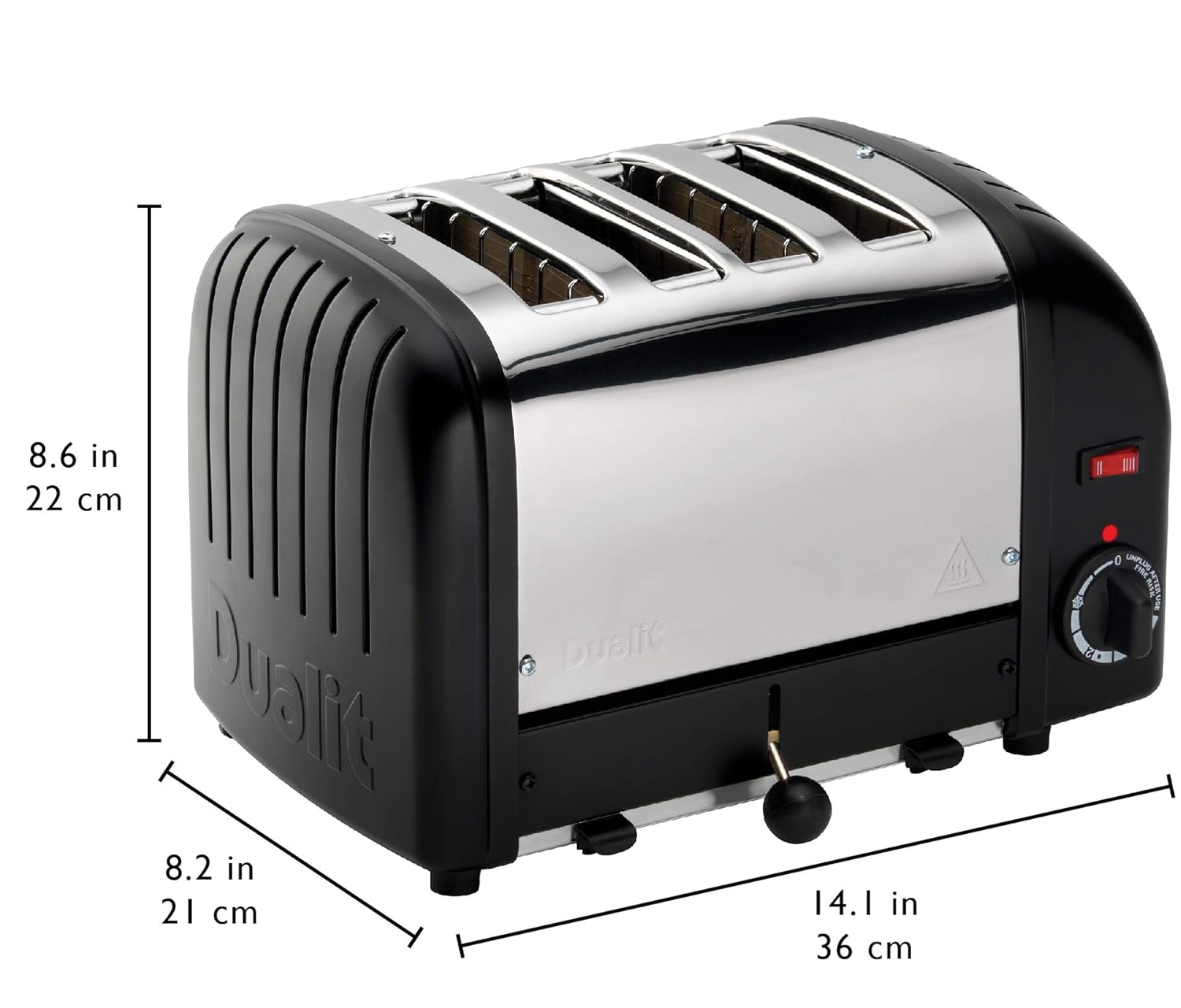 Dualit 40344 Grille-pain classique 4 tranches en acier inoxydable fabriquéà la main au Royaume-Uni éléments Proheat remplaçables Chauffe deux ou quatre fentes, décongeler le pain, minuteur mécanique Pièces remplaçables Noir