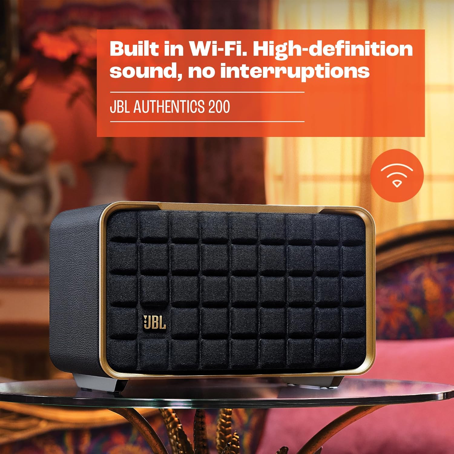JBL Authentics 200 Enceinte Smart Home avec Wi-Fi, Bluetooth et assistants vocaux, design rétro, noire, Prise européenne (Type C)