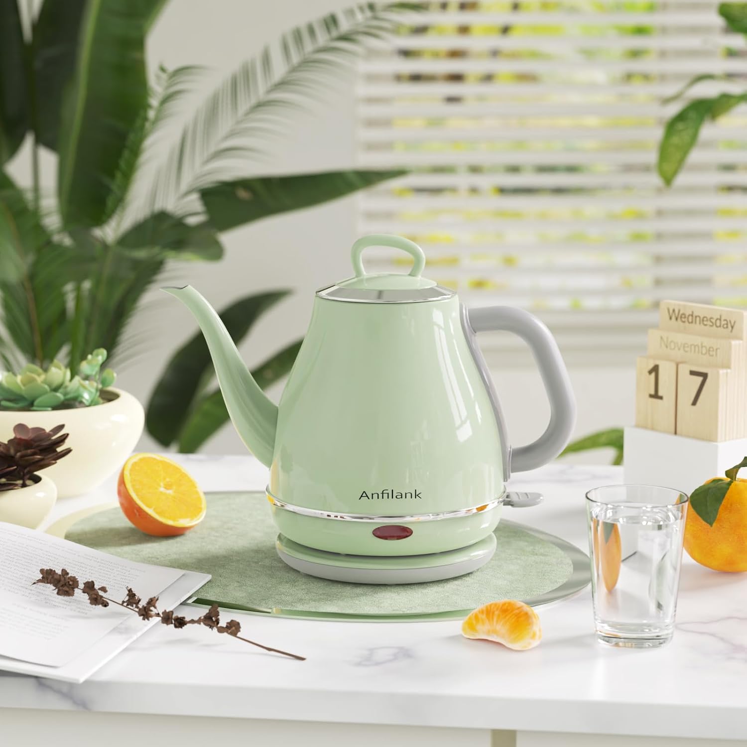 Anfilank Bouilloire électrique col de cygne 1 litre 1500 W, bouilloire 100 % acier inoxydable sans BPA, bouilloire avec fermeture automatique et protection contre l'ébullition en