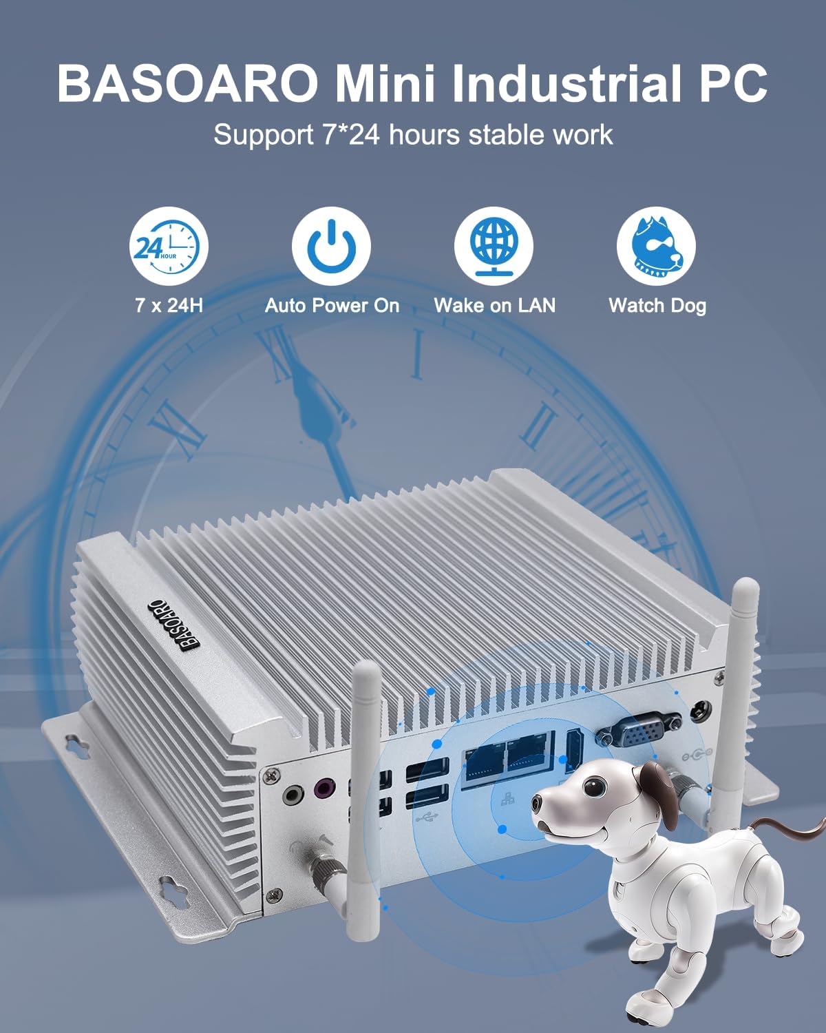 BASOARO Mini PC Industriel Win 10, PC de Bureau sans Ventilateur, Core i7 4500U, 8G RAM 256G SSD, 2 Gigabit Ethernet, HD, VGA, RS232/RS485 COM Port, 4 USB3.0, 4 USB2.0, WiFi, BT