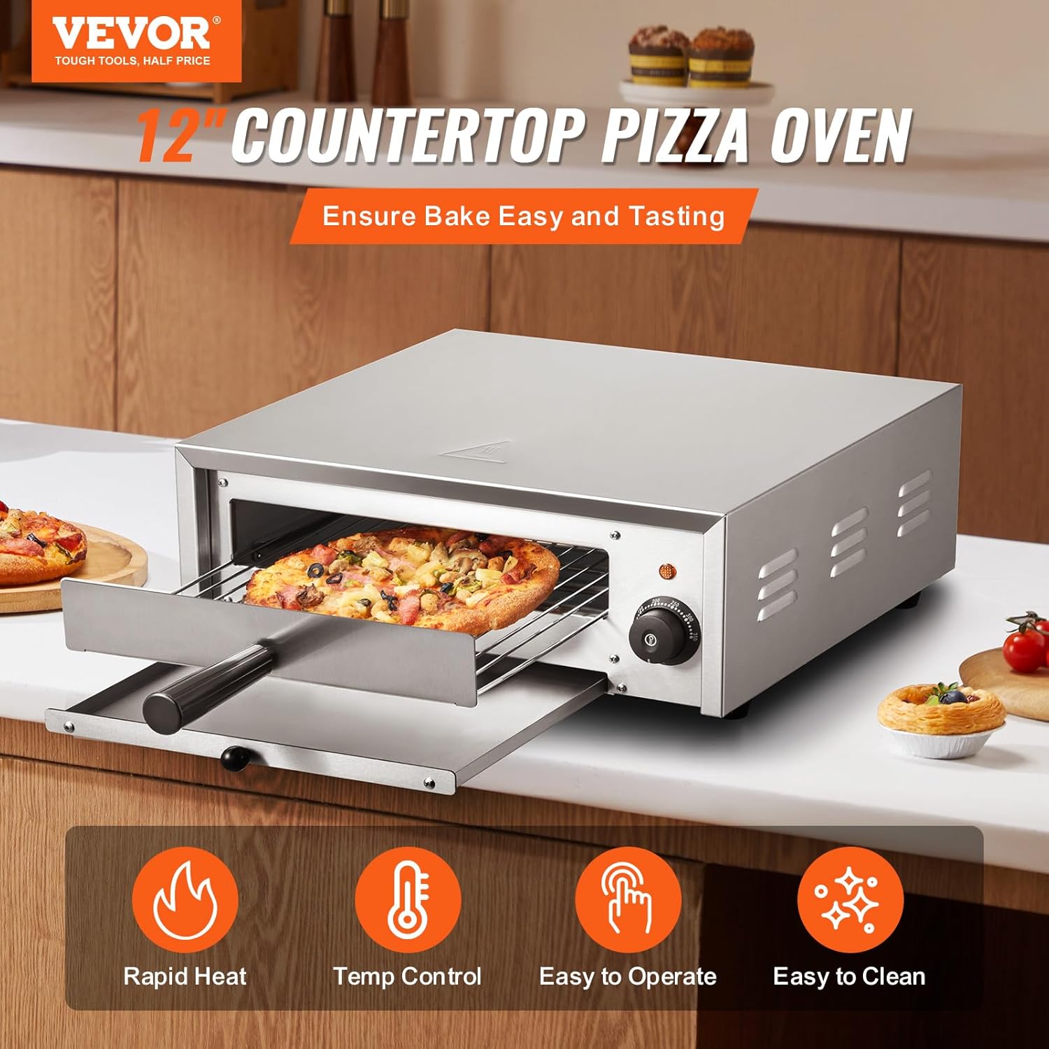 VEVOR Four à Pizza Commercial Capacité 16 po, Four Électrique de Comptoir Double Couche, en Acier Inoxydable, avec Pierre et Poignée, Machine à Pizza d'Intérieur Polyvalente pour Restaurant Maison