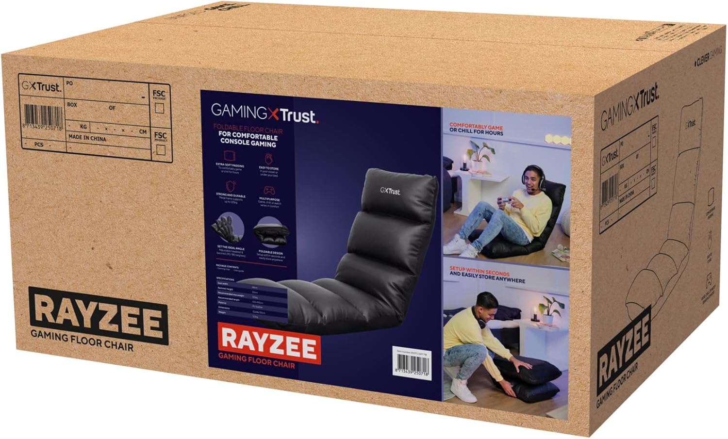 Trust Gaming GXT 718 Rayzee Chaise Gaming Pliable, Coussin De Sol pour Consoles, Appuie-tête et Dossier Réglables, Supporte Jusqu'à 125 kg, Fauteuil Gamer pour Jeux, Relax, Enfant, Lecture, Noir