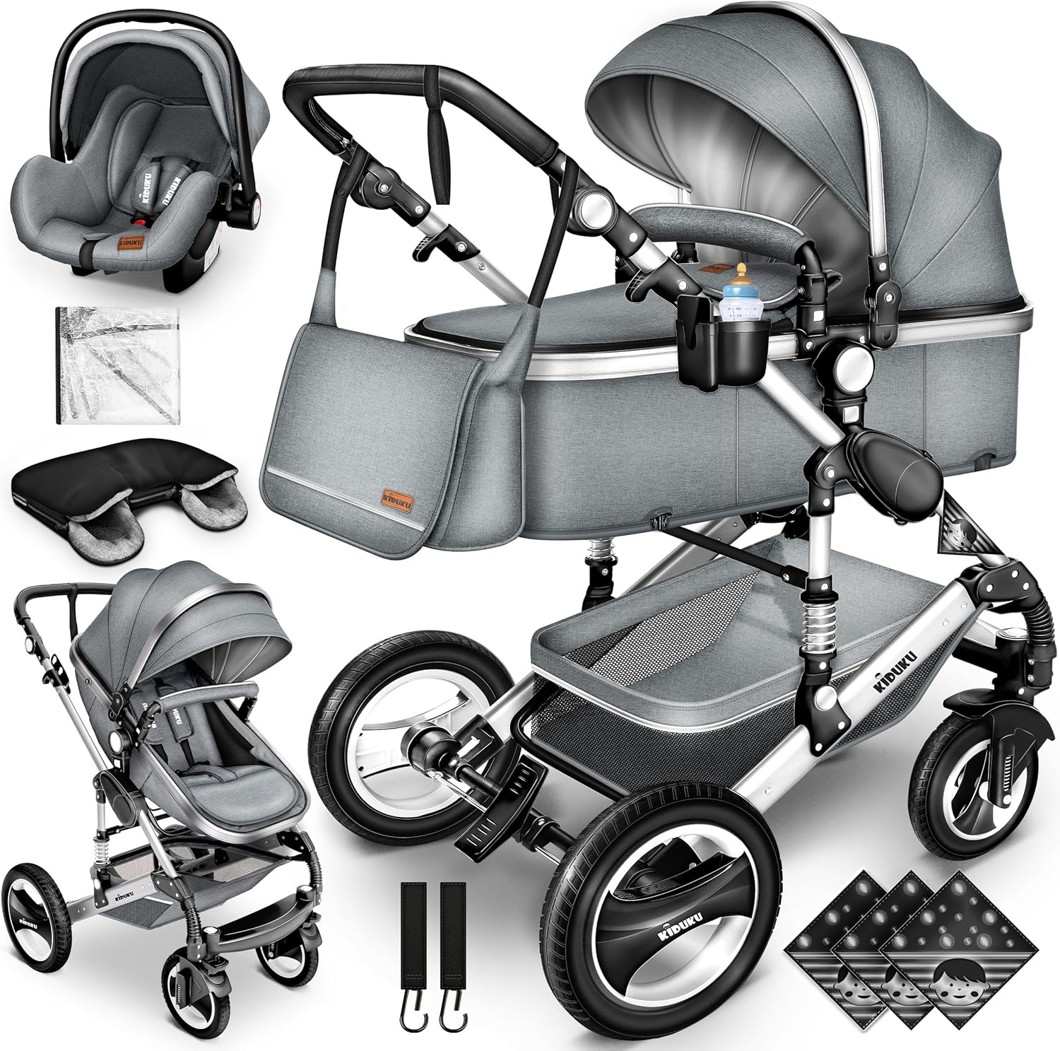 KIDUKU® Poussette Combinée 3 en 1 | Trio pour Enfants | Siége Auto Légère, Piable | Nacelle Souple Convertible | Set de Voyage (Noir/Champagne)