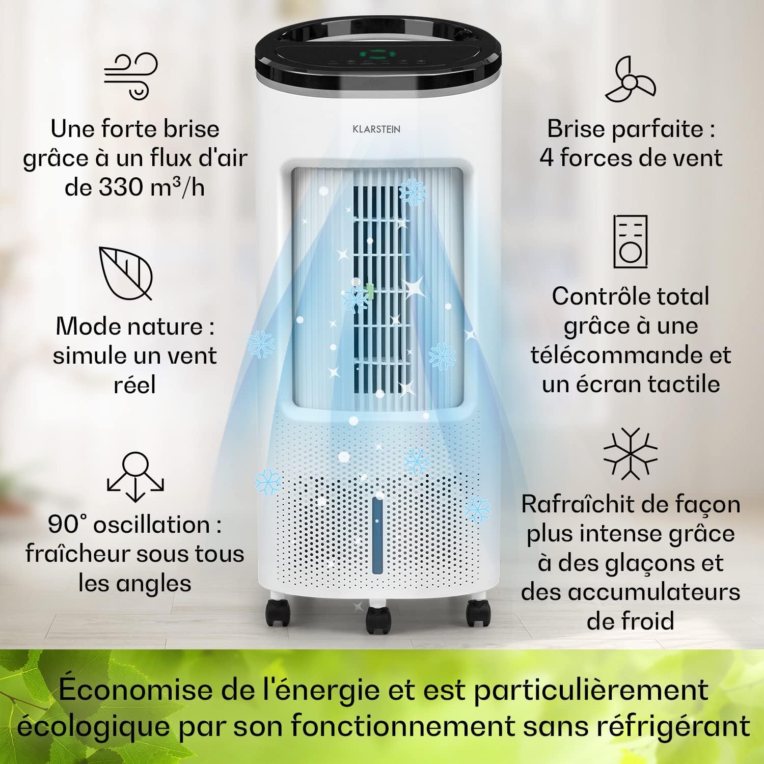 Klarstein Rafraichisseur d'Air 4 en 1, Climatiseur Portable Smart APP Mobile, Humidificateur, Ventilateur, Sans Évacuation 65W, Pack Glacons, Mode Nuit, Puissant Débit d'Air 330m³/h