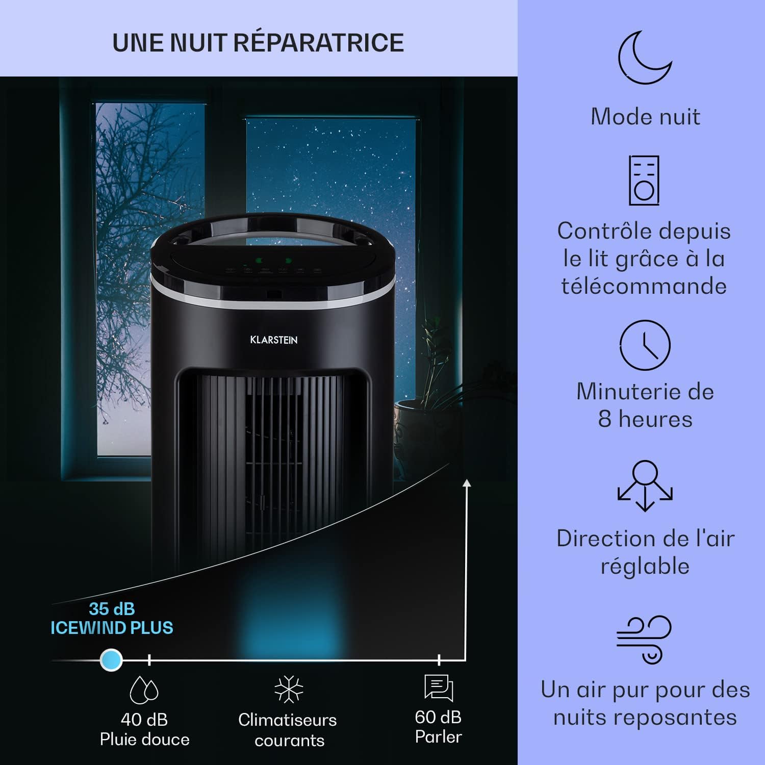 Klarstein Rafraichisseur d'Air 4 en 1, Climatiseur Portable Smart APP Mobile, Humidificateur, Ventilateur, Sans Évacuation 65W, Pack Glacons, Mode Nuit, Puissant Débit d'Air 330m³/h