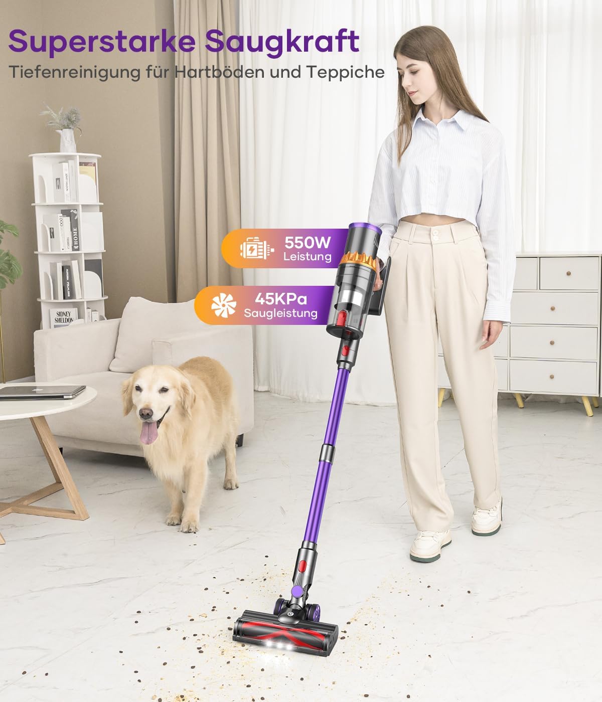 CHEBIO Aspirateur sans fil 45 000 Pa/550 W/70 min, avec réglage automatique de l'aspiration, avec brosse anti-emmêlement et écran LED pour tapis, sols durs, poils d'animaux