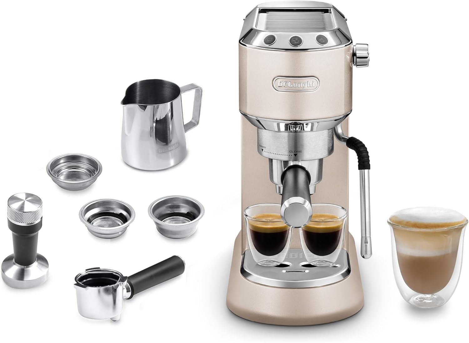 De'Longhi Dedica Style EC 685.M – Espresso Siebtrgermaschine, Espressomaschine mit professionellem Milchaufschumer, nur 15 cm breit, für Kaffeepulver oder ESE Pads, 1 l Wassertank, silber