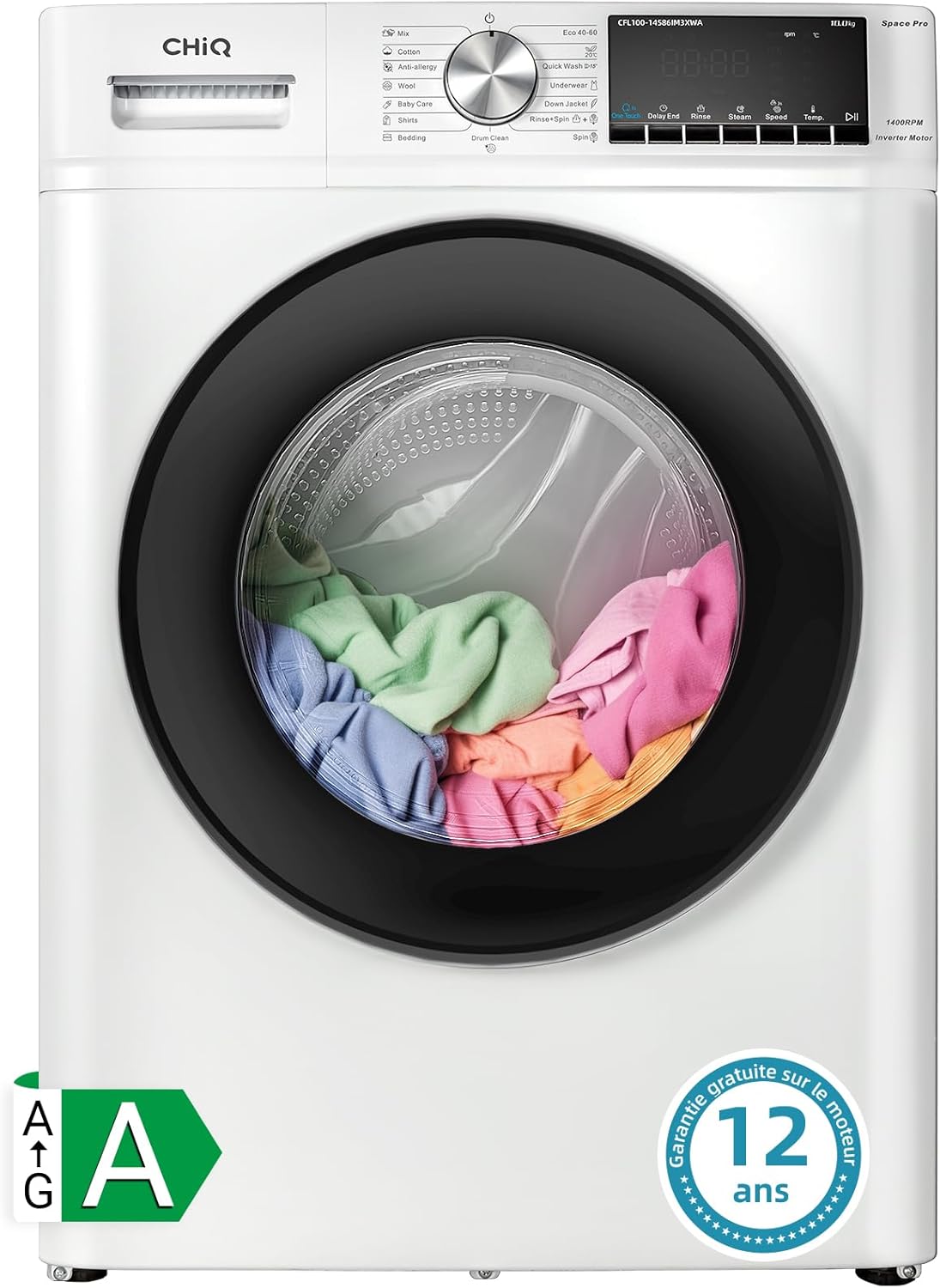 CHiQ Lave-linge à chargement frontal 10kg CFL100-14586IM3XWA,Space Pro,Moteur Inverter stable,1400 tr/min, Programme intelligent à IA,Fonction vapeur,Lavage rapide 15 minutes,15 cycles lavage,Blanc