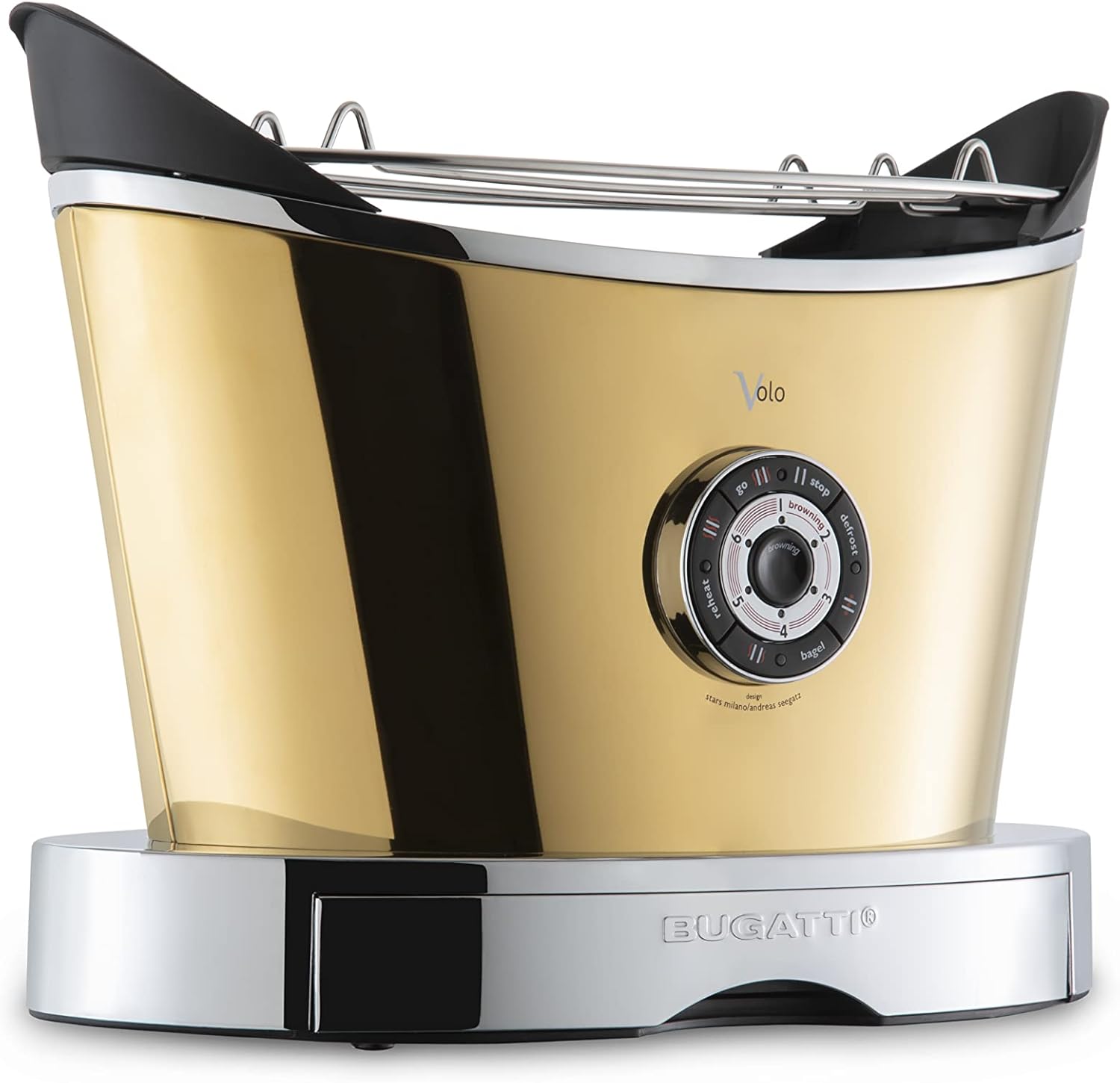 BUGATTI, Volo, Grille-Pain Électrique, 4 Fonctions, 6 Niveaux de Grillage, Design Innovant, Corps en Acier Inoxydable, Puissance 930 W (Chrome)
