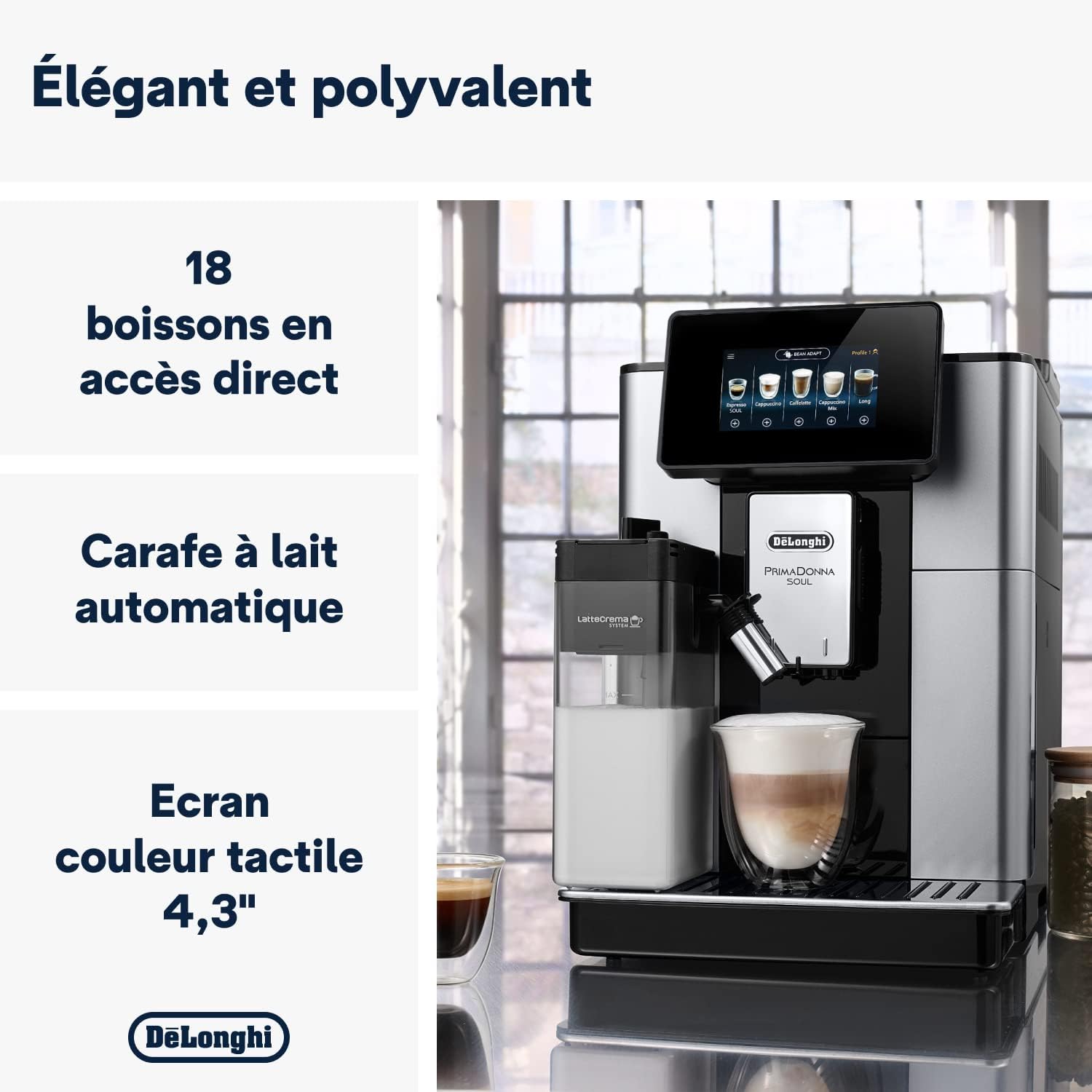 De'Longhi PrimaDonna Soul Machine a Café Grain ECAM612.55.SB, Machine Expresso et Cappucino, Technologie Exclusive Bean Adapt, Argent et Noir