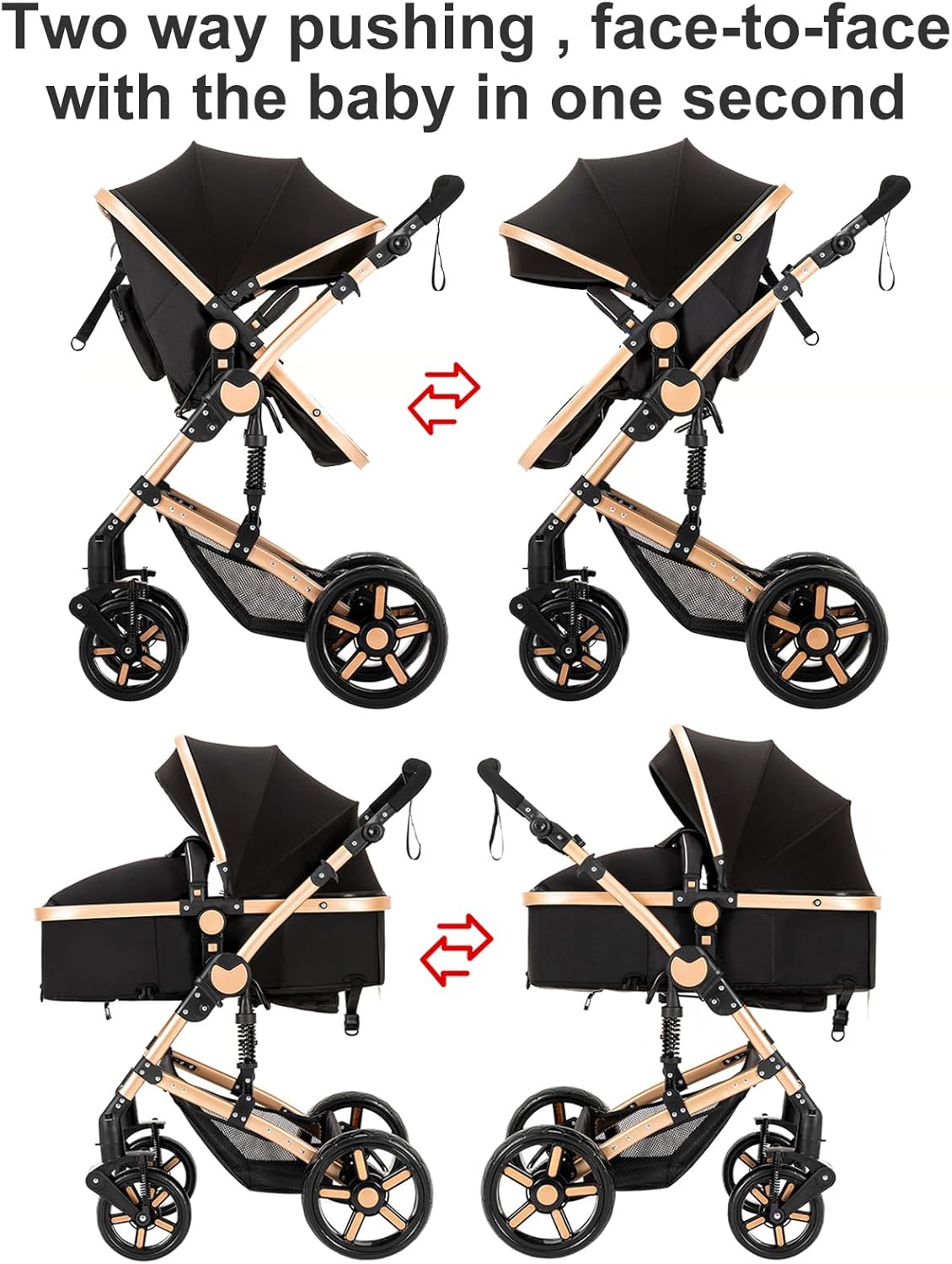 NADDLILY Poussette 3 en 1, Poussette Bebe avec Conception Portable Pliable en Un Clic, Pousette 3 en 1 avec Poussée Réversible Bidirectionnelle, Poussette Canne avec Accessoires (V9 Black)