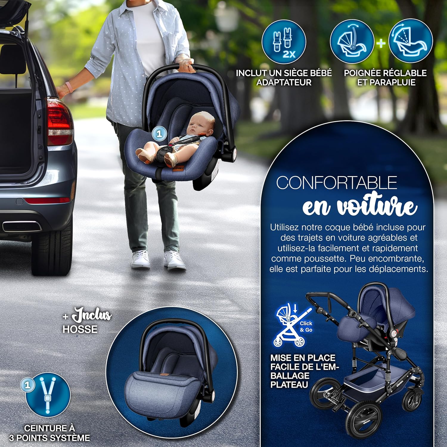 KIDUKU® Poussette Combinée 3 en 1 | Trio pour Enfants | Siége Auto Légère, Piable | Nacelle Souple Convertible | Set de Voyage (Noir/Champagne)