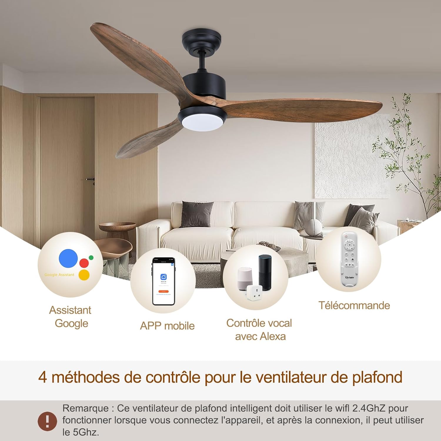 Ovlaim 132cm intérieur extérieur 3 pales hélice Smart ventilateur de plafond, Ventilateur de plafond en bois massif à moteur DC silencieux avect