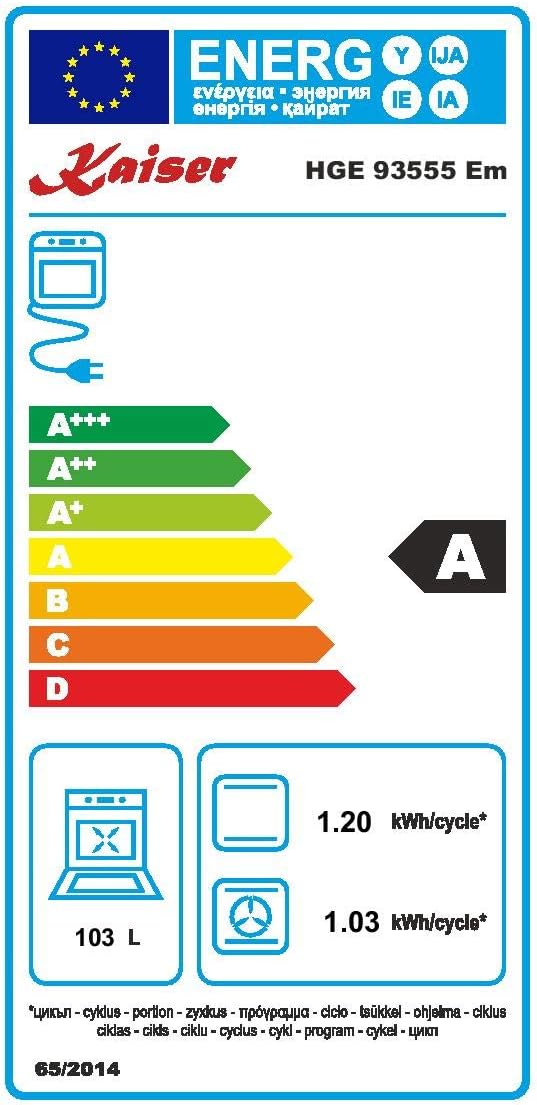 Kaiser HGE 93555 Em Gaz Electrique Cuisinière 90cm/Four électrique/Cuisinière/115L / Plaque de cuisson au gaz/ 4,5 Kw WOK/ 8 fonctions/Autonettoyage/Gaz naturel et propane possibles/Qualité de luxe