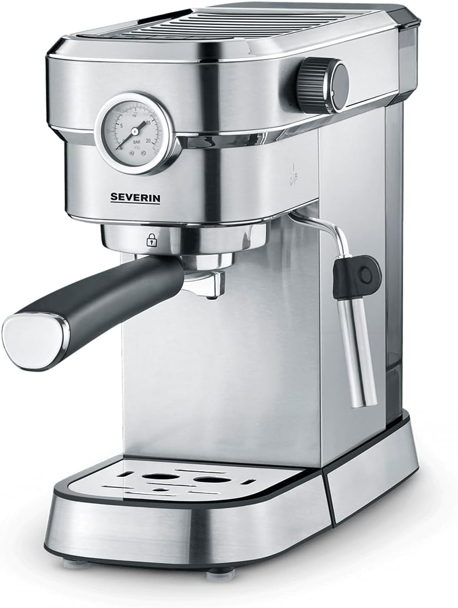 SEVERIN Cafetière Expresso Espresa Plus, 1 350W, 1,1 L, Manomètre intégré, Pompe 15 bars, Set barista inclus, Inox/Noir, KA 5995