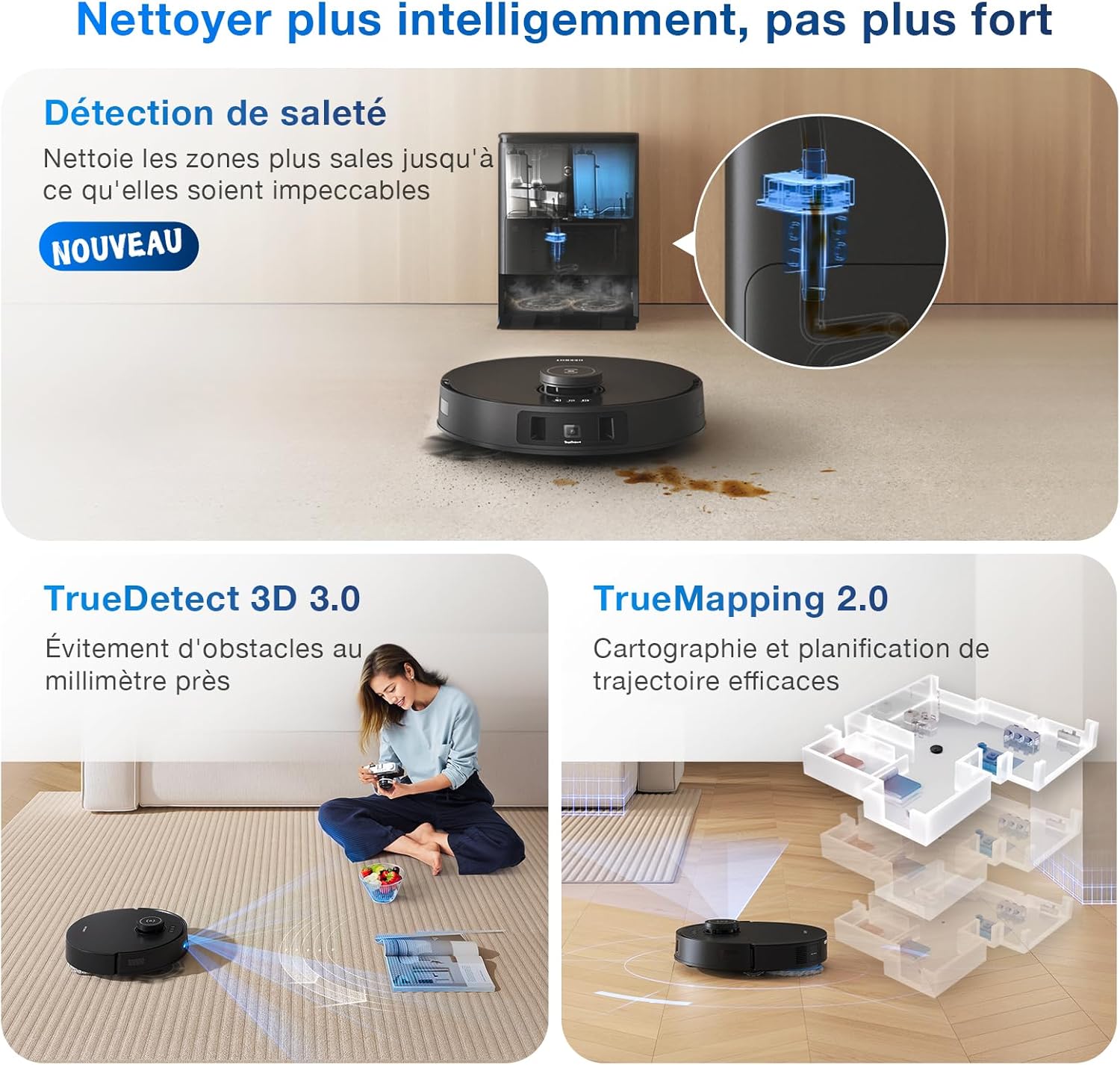 ECOVACS X8 PRO OMNI Robot Aspirateur Laveur avec Station Tout-En-Un, Puissance 18000Pa, Nettoyage Automatique Instantané OZMO ROLLER, Nettoyage à l'eau chaude 75℃, Ajout Solution Nettoyage Automatique