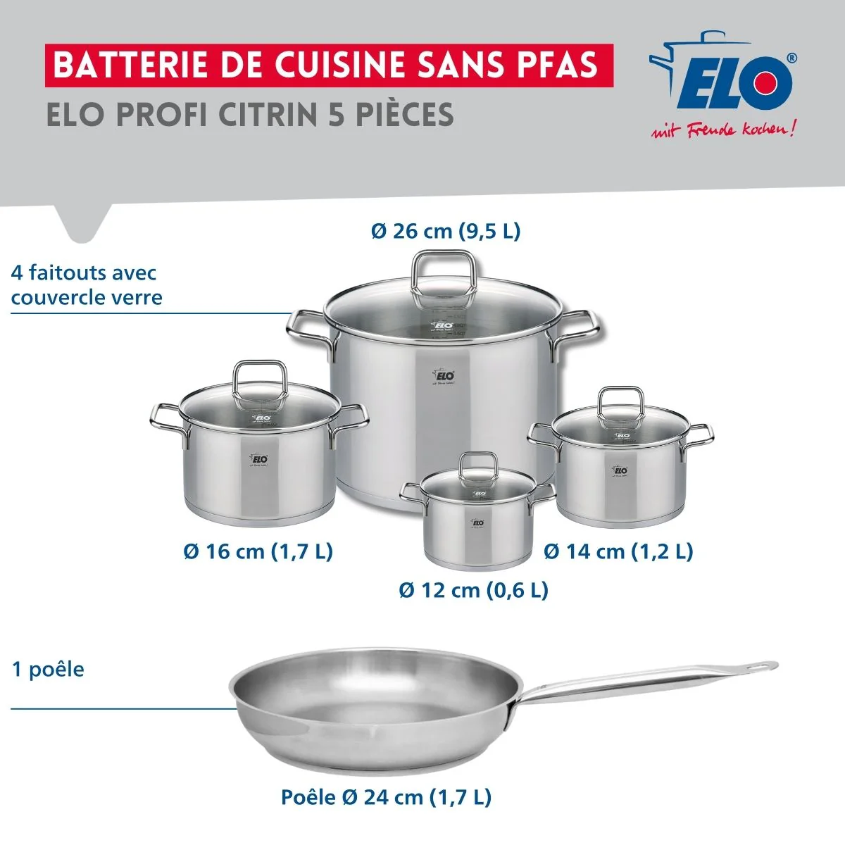 Ensemble de 1 Poêle de cuisson 24 cm et 4 faitouts 12, 14, 16 et 26 cm Elo Profi Citrin Elo