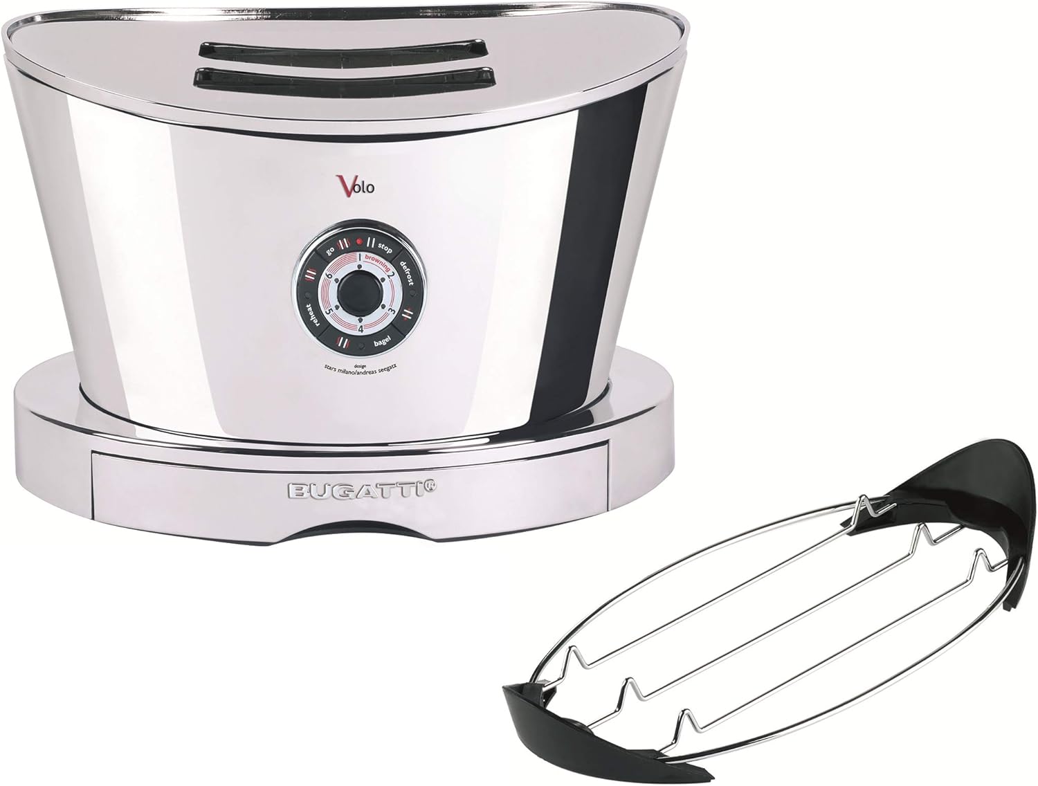 BUGATTI, Volo, Grille-Pain Électrique, 4 Fonctions, 6 Niveaux de Grillage, Design Innovant, Corps en Acier Inoxydable, Puissance 930 W (Chrome)