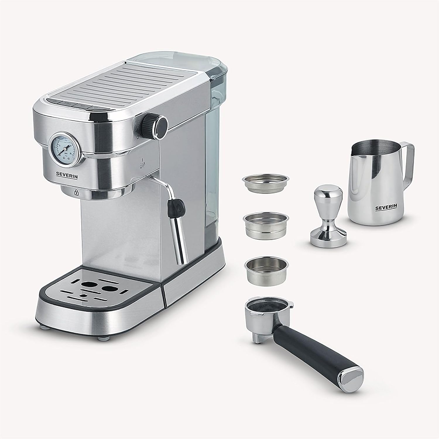 SEVERIN Cafetière Expresso Espresa Plus, 1 350W, 1,1 L, Manomètre intégré, Pompe 15 bars, Set barista inclus, Inox/Noir, KA 5995