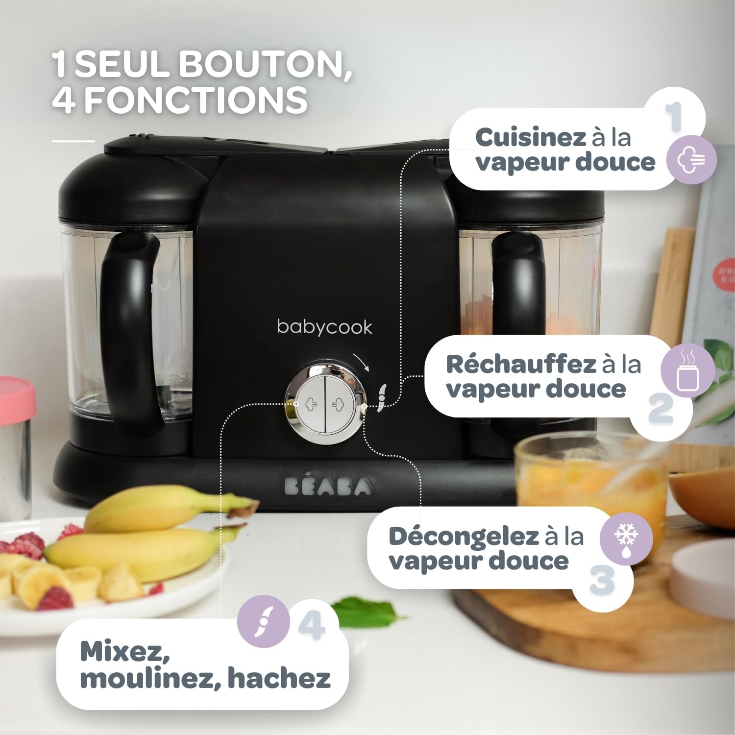 BÉABA, Babycook Duo Robot Bébé 4 en 1 Mixeur-Cuiseur, Cuisson Vapeur rapide 15min , Diversification alimentaire, Petits pots bébé maison, Contenance XXL 2200 ml, Noir